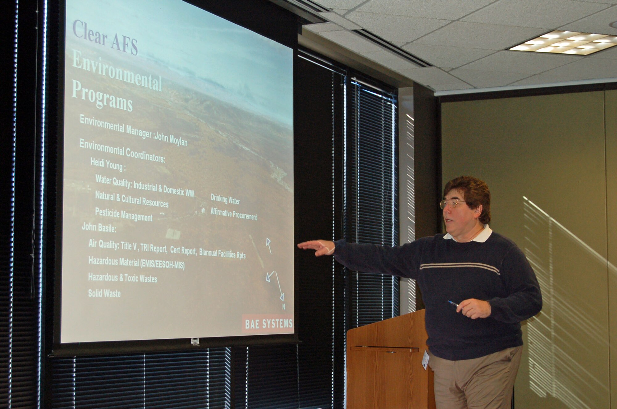 John Moylan, 13th Space Warning Squadron environmental manager at Clear Air Force Station, Alaska, presents the environmental programs during the 21st Space Wing Geographically Separated Unit Environmental Coordinator Workshop at the Plaza of the Rockies in Colorado Springs April 22. The 13th Space Warning Squadron is a Goegraphically Seperated Unit belonging to the 21st Space Wing. As a service entity, it holds meetings with the Department of Defense power plant every two weeks at the GSU. The training comes under a new Civil Engineering Asset Management Flight, part of an Air Force move to merge corporate and military practices to create transparency between the sectors as personnel address environmental projects. (Air Force photo by Thea Skinner)