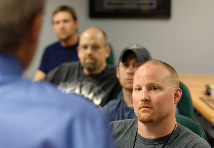 Students of Tinker’s new Airframe and Powerplant Certification program listen to welcoming remarks. The Federal Aviation Administration-certified program is held in the evenings. (Air Force photo/Margo Wright)