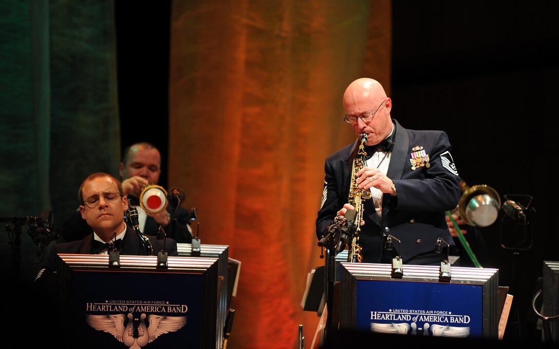 Master Sergeant Cully Joyce, NCOIC of The Noteables jazz ensemble, plays a soprano saxophone solo in an arrangement of Michael Brecker's "African Skies" during the "Jazz in the Heartland' concert at the Holland Performing Arts Center on April 20, 2009.