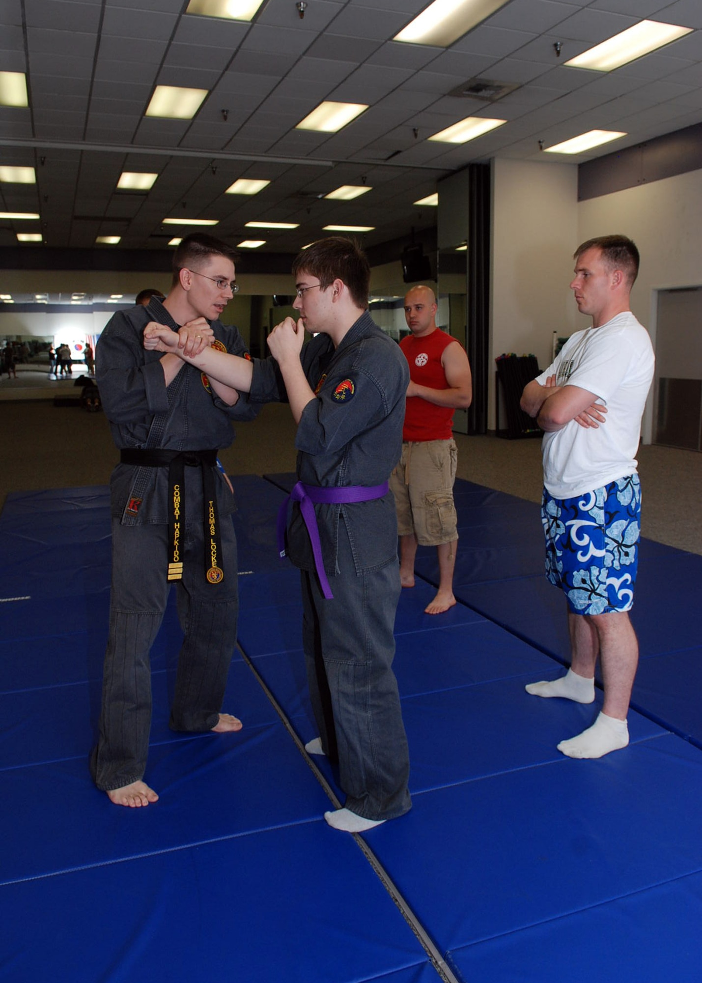Staff Sgt. Thomas Locke, 66th Training Squadron military training leader and 3rd Dan International Combat Hapkido Federation, Ground Survival Licensed Instructor, Military Combatives Association and IPDTI Licensed Instructor, demonstrates techniques in a Combat Hapkido class offered at the base gym. (U.S. Air Force photo/Senior Airman Emerald Ralston)