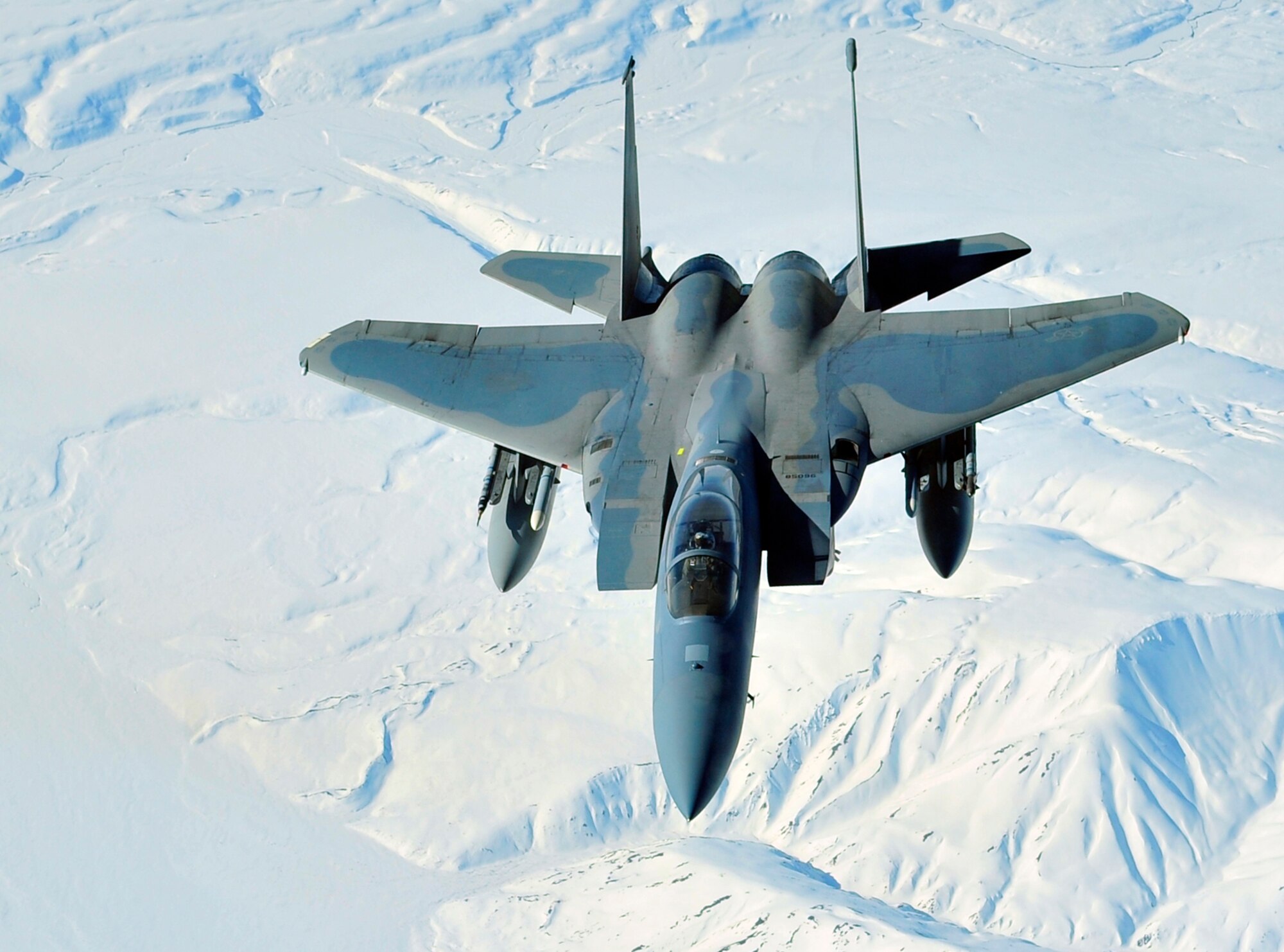 EIELSON AIR FORCE BASE, ALASKA -- An F-15 from Tyndall AFB flies over the Joint Pacific Alaskan Range Complex during RED FLAG-Alaska 09-2 here April 29. RF-A is a Pacific Air Forces-directed field training exercise for U.S. and coalition forces flown under simulated air-combat conditions. (U.S. Air Force photo/Senior Airman Christopher Boitz)