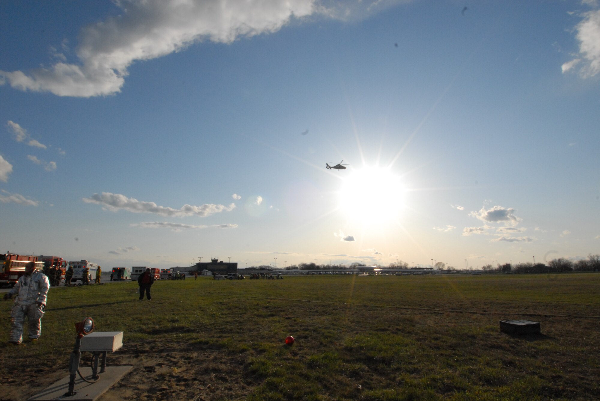 Members of the 180th Fighter Wing fire department participated in an aircraft crash and recovery exercise at the Toledo Express Airport on April 22. The drill, required every three years, not only tests the response of airport authorities, but also the response of other local emergency, fire and rescue crews that would normally respond to such an incident, to include the 180th FW fire department.  (Air Force photo taken by SrA Jodi Leininger, released by TSgt Beth Holliker.)