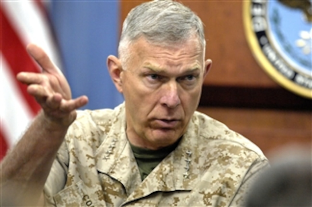 Commandant of the Marine Corps Gen. James T. Conway conducts a roundtable with reporters in the Pentagon on April 29, 2009.  