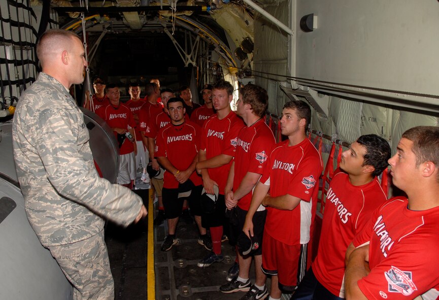 The Westhampton Aviators, a Hamptons Collegiate Baseball team from Westhampton Beach, N.Y., visited the 106th Rescue Wing on Thursday, July 30, 2009. The Aviators are part of a league of baseball teams in the Hamptons region compromised of college students from all over the country who come out to this area to play baseball during the summer. The other Hamptons area teams include the Southampton Breakers, the Riverhead Tomcats, the North Fork Ospreys, the Sag Harbor Whalers and the Long Island Mustangs.

Maj. Scott Williams, Executive Officer for the 106th Rescue Wing, gave the team a tour of the base and the team also got a chance to go inside one of the HC-130s featured on their logo. To learn more about the Aviators and Hamptons Collegiate Baseball go to www.hamptonbaseball.org.

(U.S. Air Force Photo/Staff Sgt. David J. Murphy)