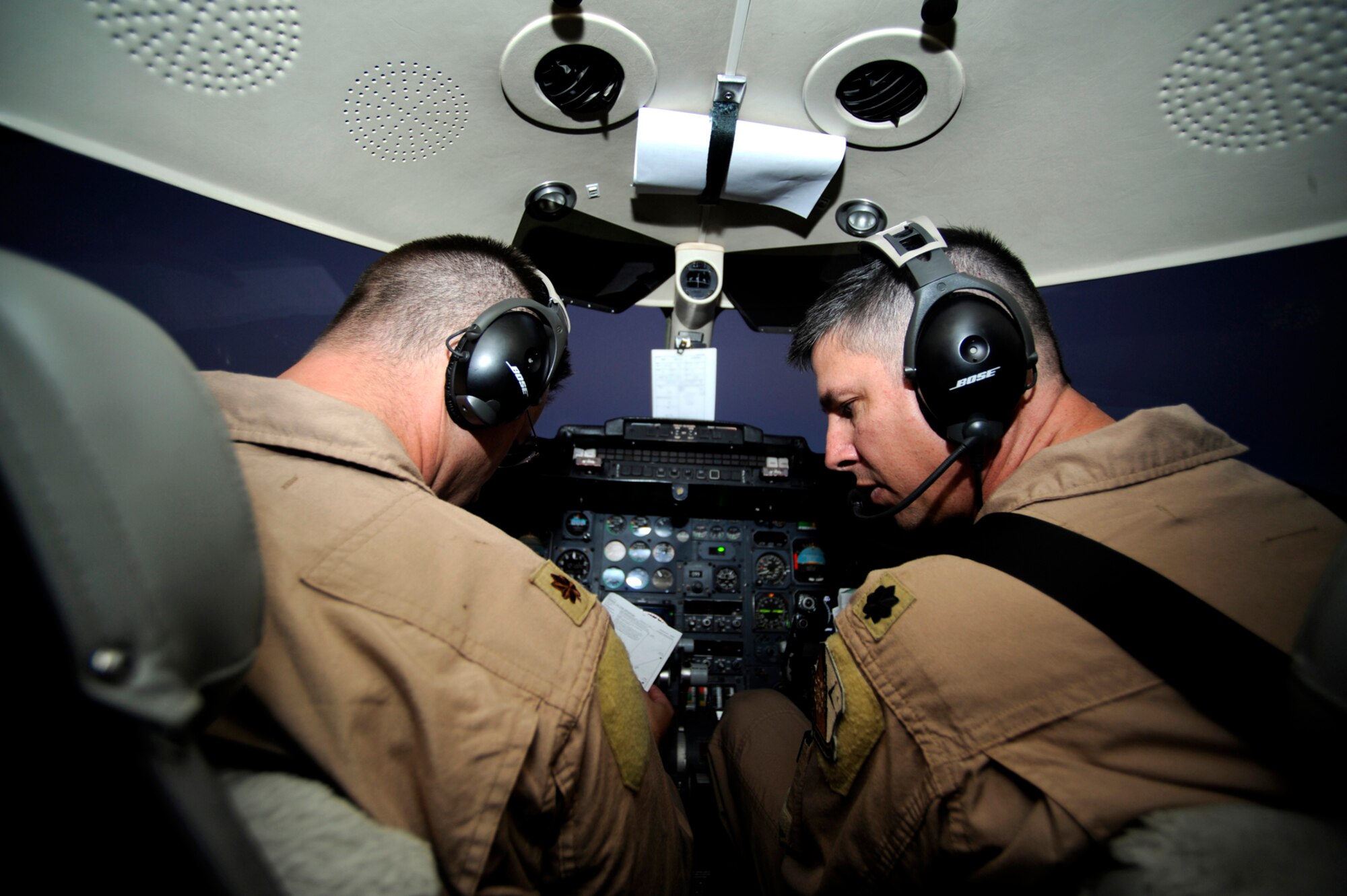 Left, Maj. Craig Borgstrom and Lt. Col. Rick Omang, 379th Expeditionary Operations Group C-21 pilots, monitor flight controls during combat operations over Southwest Asia, July 26. The C-21 is a twin turbofan engine aircraft used for cargo and passenger airlift. Major Borgstrom and Colonel Omang are deployed from the 177th Airlift Squadron, North Dakota Air National Guard. (U.S. Air Force photo by Staff Sgt. Shawn Weismiller)