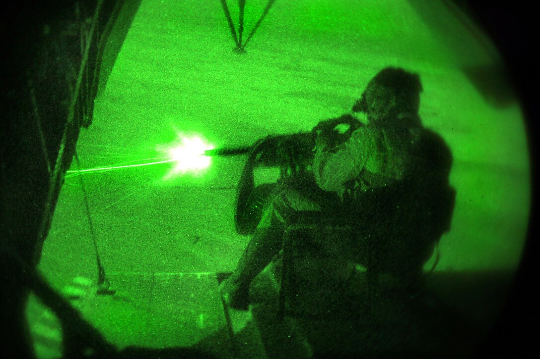 Sgt. Zachary Ritter test fires the tail gun in a CH-53D helicopter, assigned to Marine Heavy Helicopter Squadron 362, during a nighttime flight in Helmand Province, Afghanistan, Aug. 3, 2009. HMH-362 is deployed to Afghanistan in support of NATO's International Security Assistance Force.
