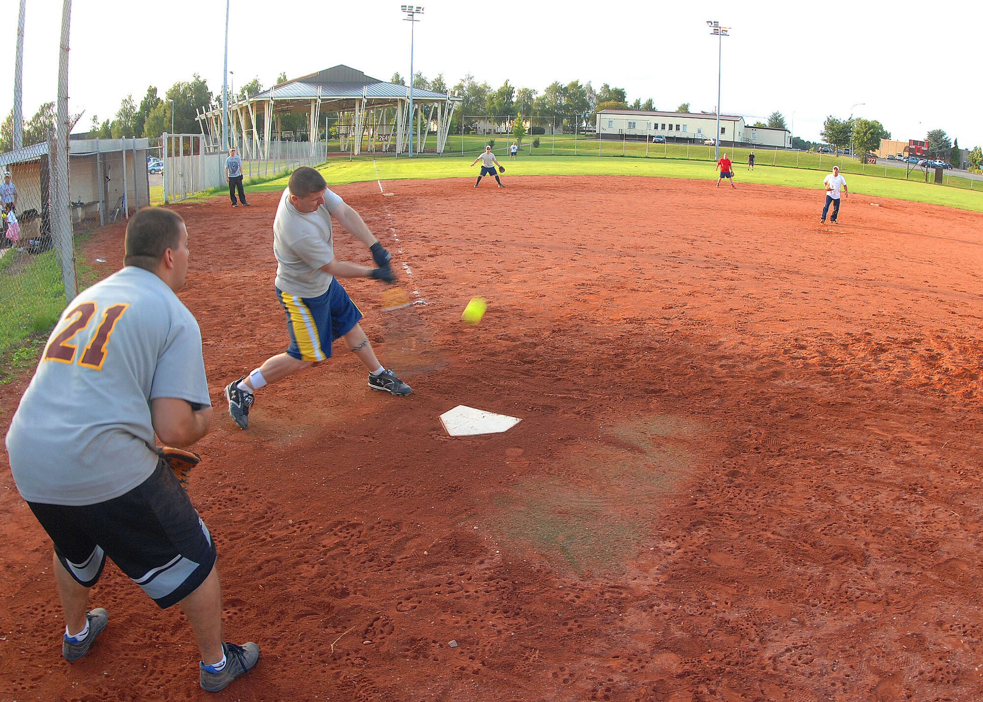 SPANGDAHLEM AIR BASE, Germany -- Jason Gabel, 52nd Security Forces Squadron Combat Arms non-commissioned officer in charge, swings for the ball during the National League Championship game for intramural softball here July 30. The 52nd Component Maintenance Squadron-A intramural softball team defeated Security Forces 14-12 in the seventh inning.  (U.S. Air Force photo by Airman 1st Class Nick Wilson)