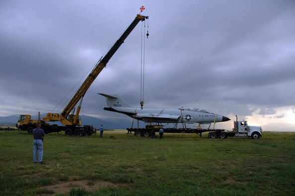 The F-101B Voodoo display aircraft was moved from its resting place near the West Gate to Pete East on July 28. The aircraft will be restored in the near future and given a prominent display as part of the Peterson Air and Space Museum aircraft collection on base. The Voodoo was 28,000 pounds of fighter interceptor power from the 1960s to the mid-1980s as part of the air and space superiority mission during the Cold War. (U.S. Air Force photo by Gail Whalen)
