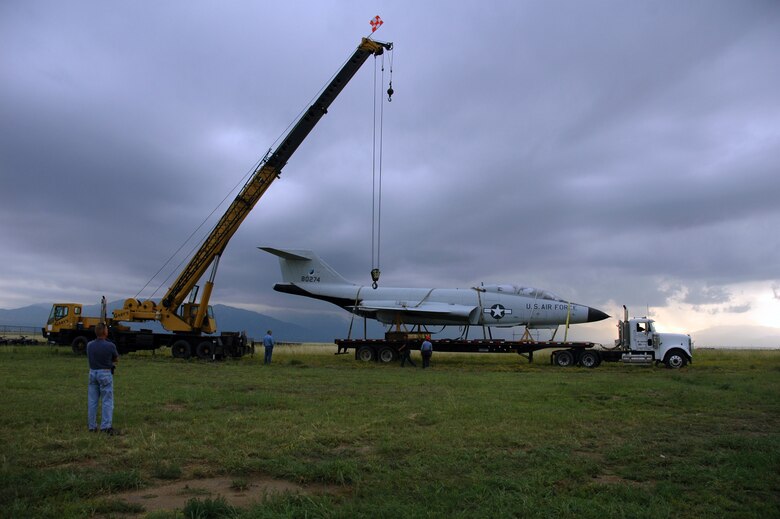 The F-101B Voodoo display aircraft was moved from its resting place near the West Gate to Pete East on July 28. The aircraft will be restored in the near future and given a prominent display as part of the Peterson Air and Space Museum aircraft collection on base. The Voodoo was 28,000 pounds of fighter interceptor power from the 1960s to the mid-1980s as part of the air and space superiority mission during the Cold War. (U.S. Air Force photo by Gail Whalen)