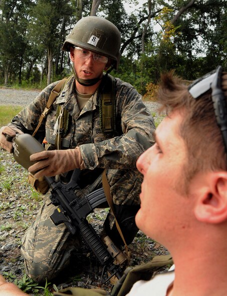 MOODY AIR FORCE BASE, Ga. -- Capt. Matthew Kealy, a candidate from the air liaison officer selection course, questions a detained person during simulated military operations training held at the 820th Security Forces Group military operations in urban terrain village here July 23. (U.S. Air Force photo by Airman 1st Class Joshua Green)