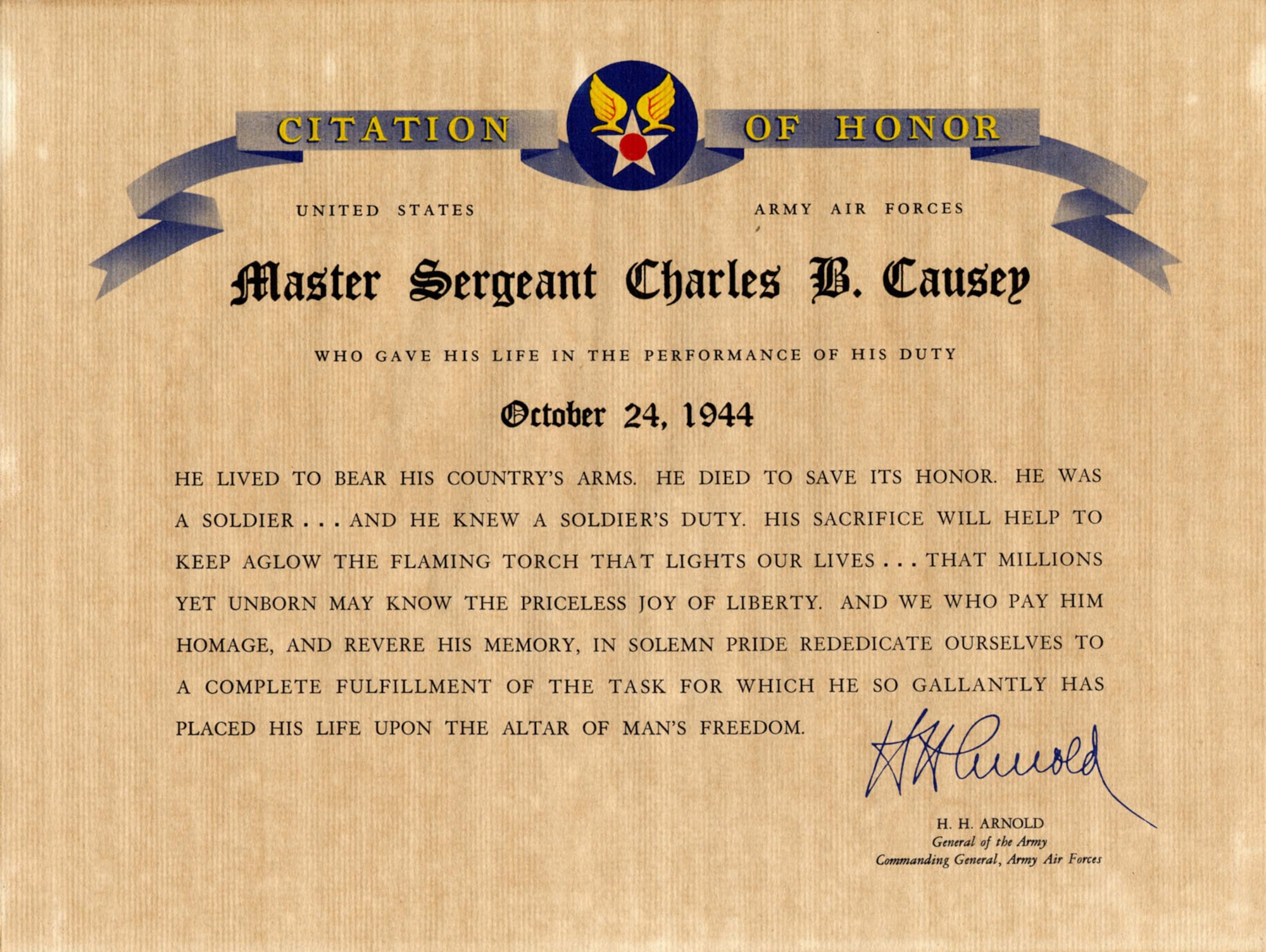 Citation of Honor for Master Sgt. Charles B. Causey. (U.S. Air Force photo)