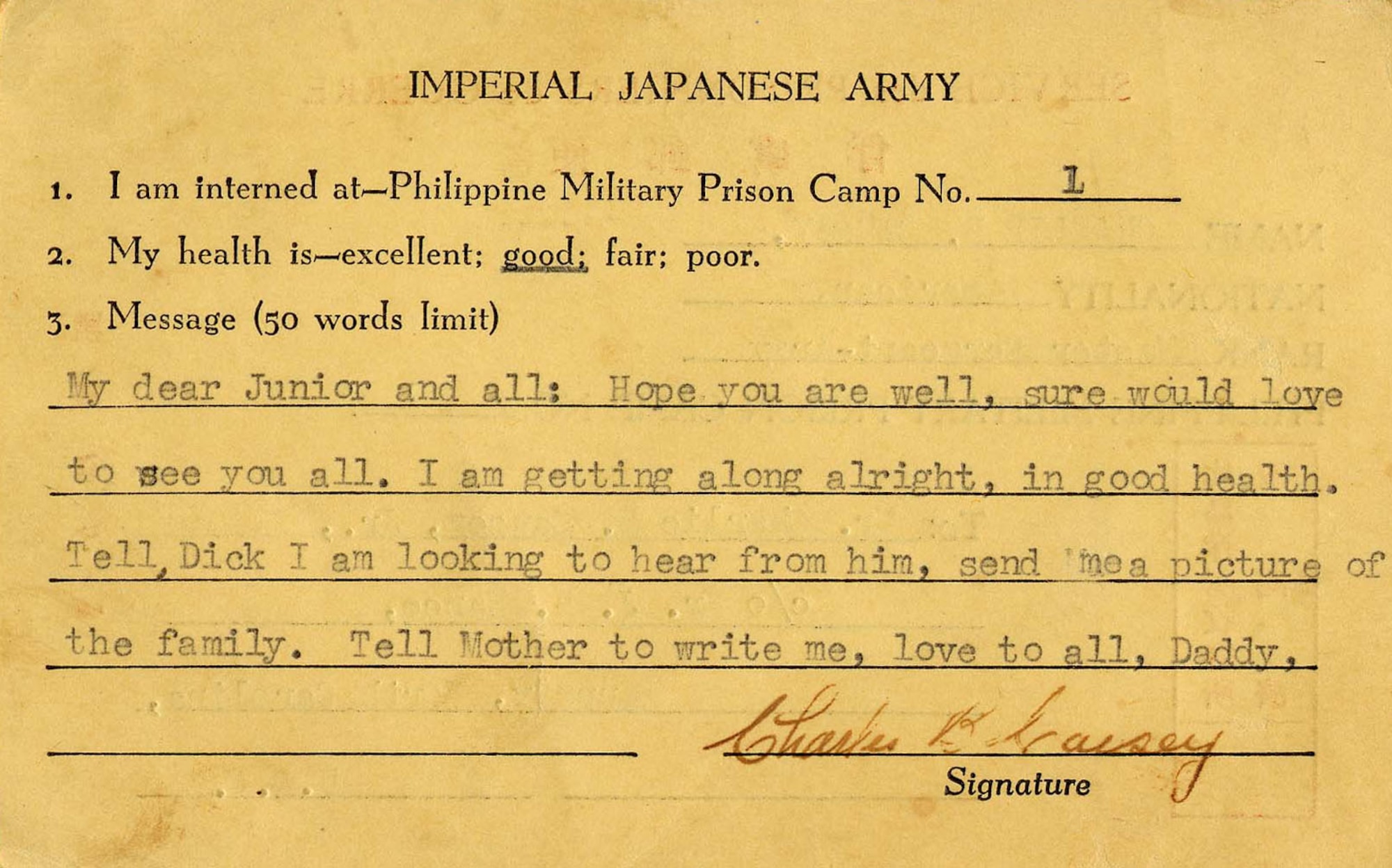 Copy of the only correspondence Causey’s family received from him after his capture. Philippine Military Prison Camp No. 1 was at Cabanatuan. The next letter the family received about Causey was from the War Department to notify them of his loss on the "Arisan Maru." (U.S. Air Force photo)