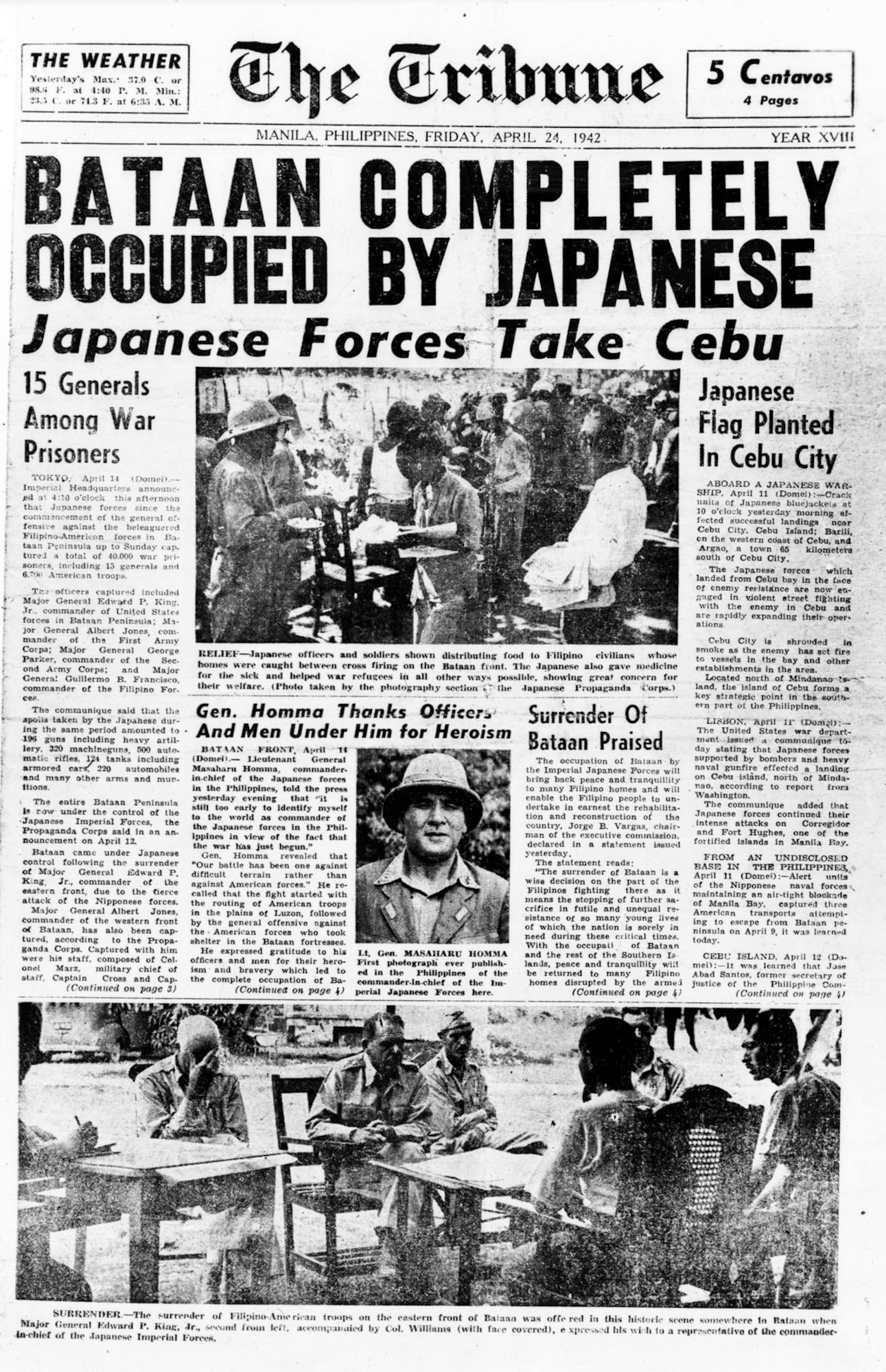 The invading Japanese controlled the Philippine media, which portrayed imperial forces as helpful liberators. In reality, the Japanese were committing brutal war crimes like the Death March. This front page claims that Japanese occupation will bring “peace and tranquility” to the Philippines. (U.S. Air Force photo)