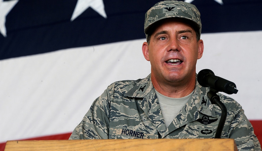 MOODY AIR FORCE BASE, Ga. -- Col. John Horner, 93rd Air Ground Operations Wing commander, gives his first remarks as the new commander during a change of command ceremony here July 31. (U.S. Air Force photo by Airman 1st Class Joshua Green)