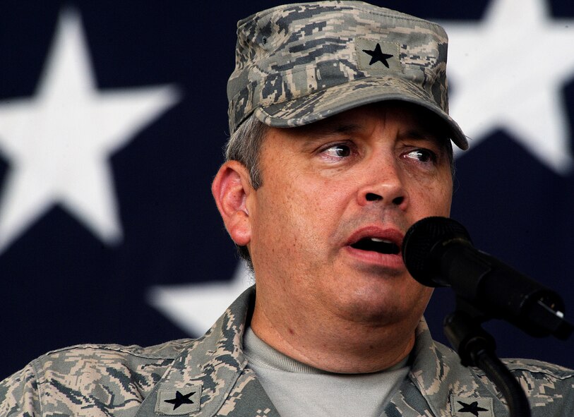 MOODY AIR FORCE BASE, Ga. -- Brig. Gen. Michael Longoria, outgoing 93rd Air Ground Operations Wing commander, gives his final remarks before relinquishing command to Col. John Horner, during a change of command ceremony here July 31. General Longoria has been the 93rd AGOW commander for two years at Moody. (U.S. Air Force photo by Airman 1st Class Joshua Green)