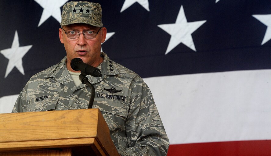 MOODY AIR FORCE BASE, Ga. -- Lt. Gen. Gary North, 9th Air Force and U.S. Air Forces Central commander, Shaw Air Force Base, S.C, gives the opening remarks during the 93rd Air Ground Operations Wing change of command ceremony here July 31. Brig. Gen. Michael Longoria, outgoing 93rd AGOW commander, relinquished command to Col. John Horner. (U.S. Air Force photo by Airman 1st Class Joshua Green)