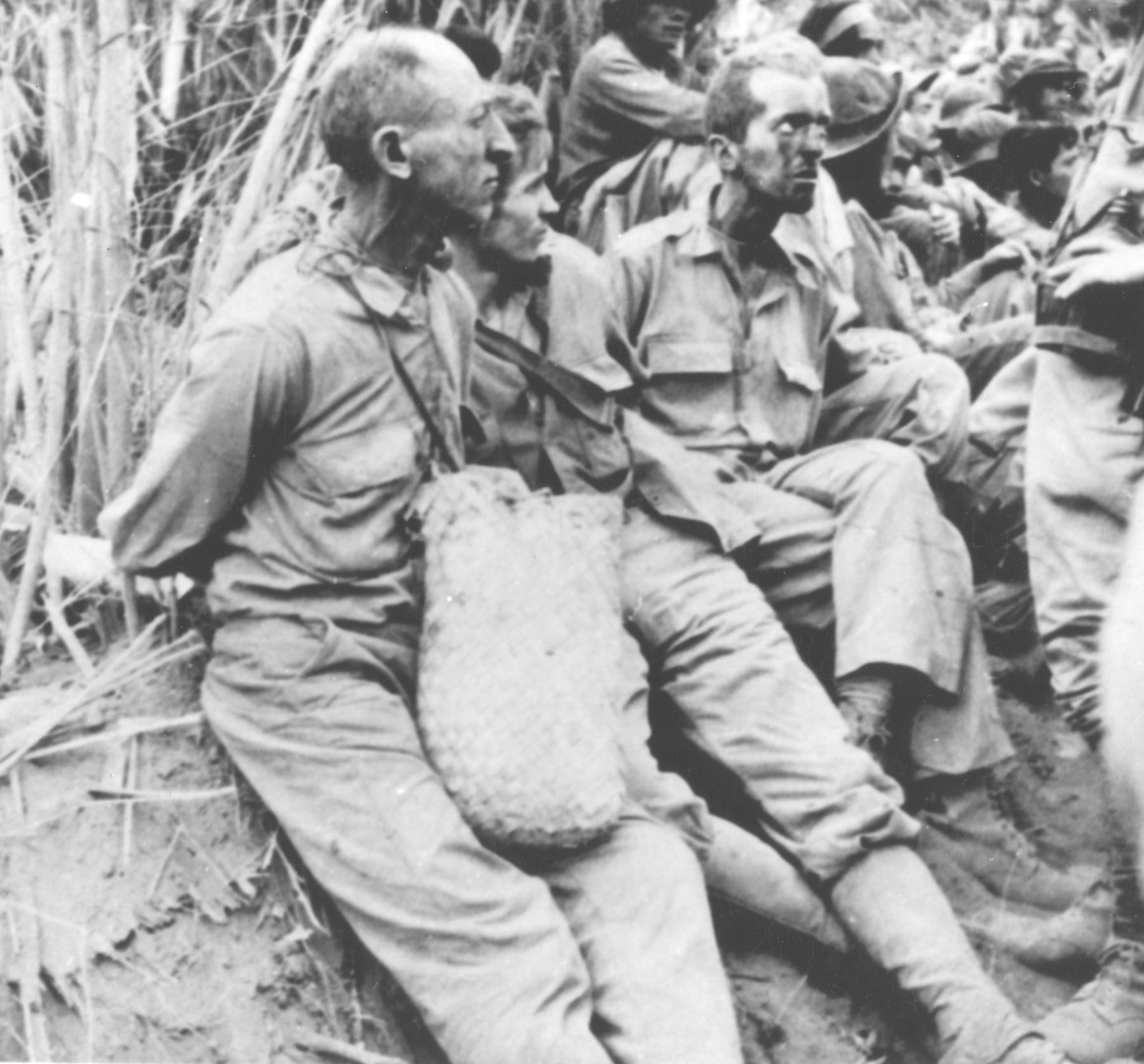 American POWs with their hands tied behind their backs. The effects of hunger, sickness and fatigue are evident. (U.S. Air Force photo)