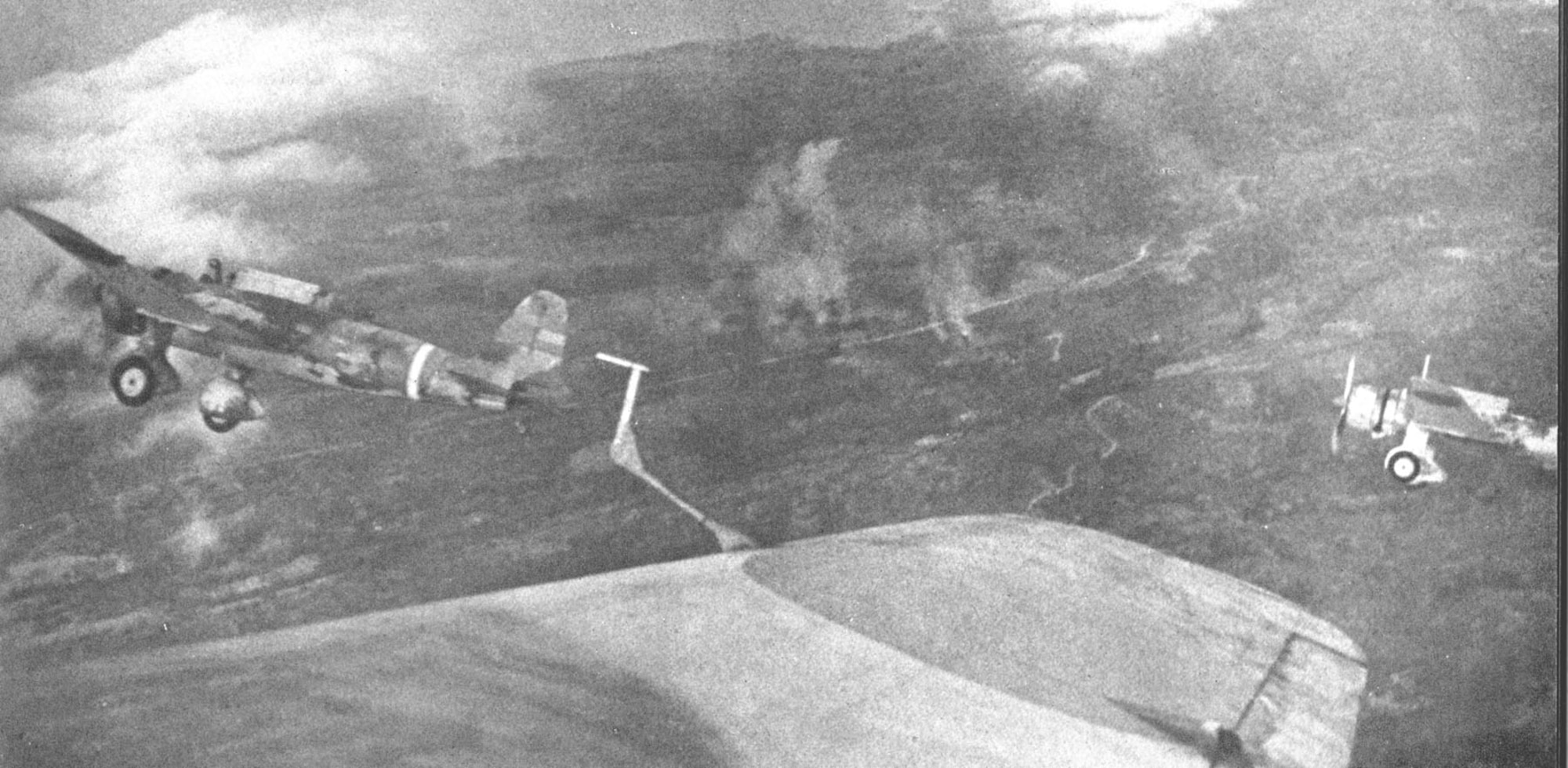 Japanese Army “Ann” bombers over the main line on Bataan. With almost total air superiority, Japanese aircraft roamed over the PACR at will. (U.S. Air Force photo)