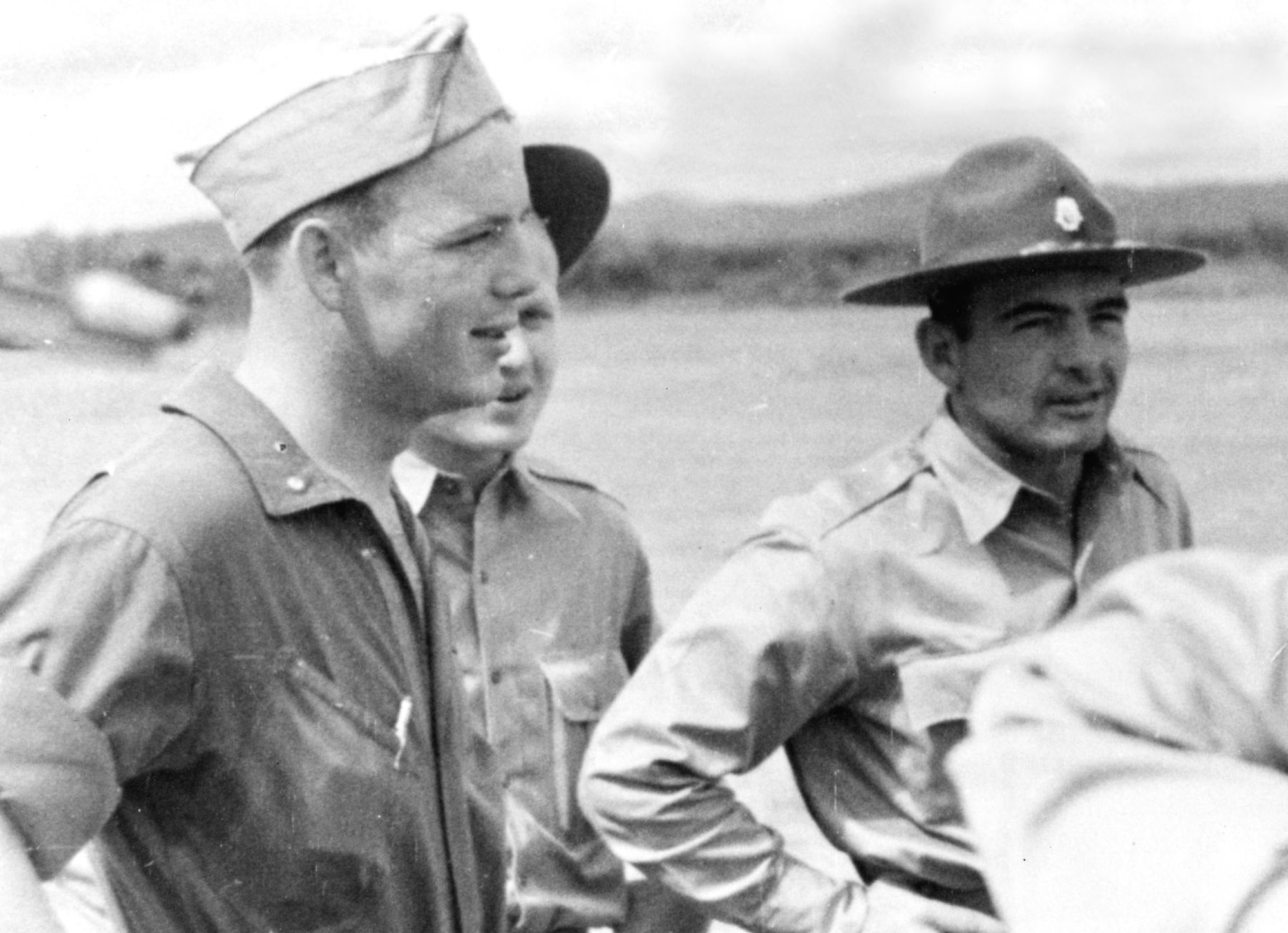 Lts. Raymond Sloan (left) and Allen Strauss (right) of the 17th Pursuit Squadron, 24th Pursuit Group, in the summer of 1941. Sloan, 17th PS commander, was killed when Japanese overran his headquarters in February 1942. (U.S. Air Force photo)