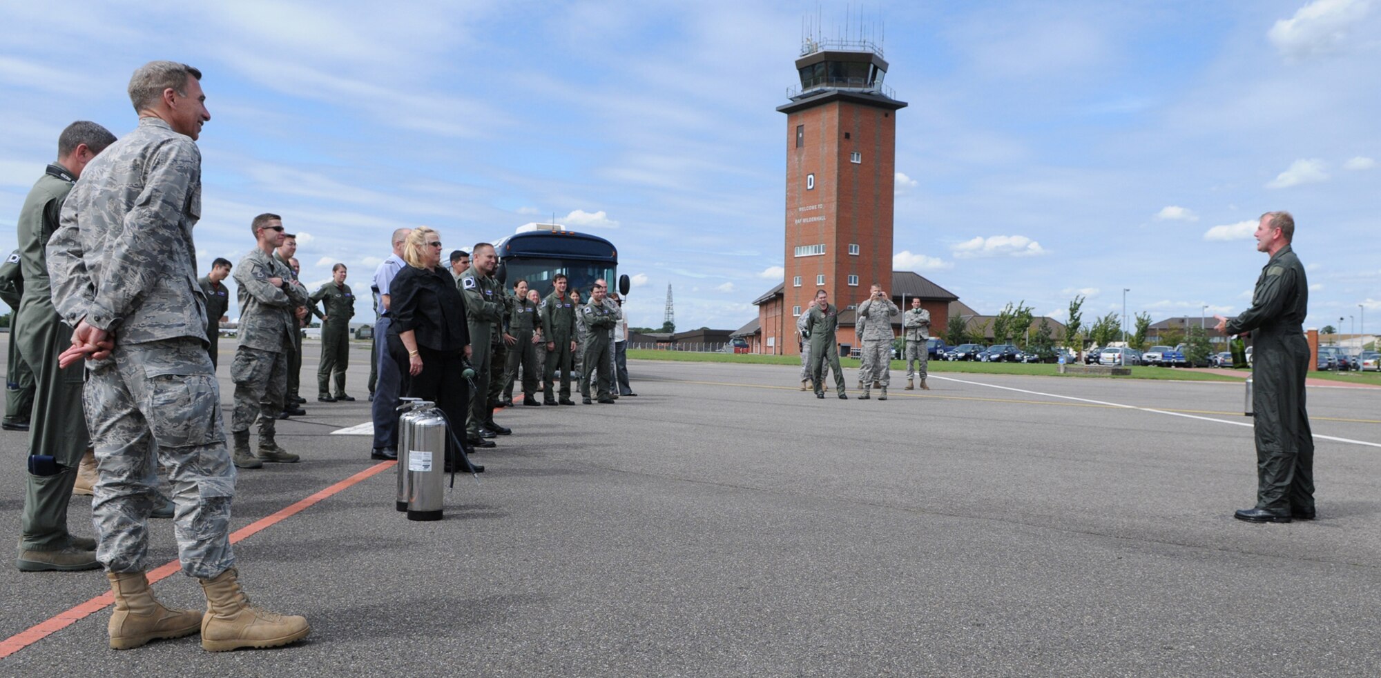 RAF MILDENHALL, England -- Col. Scott Brumbaugh, 100th Air Refueling Wing vice commander, addresses wellwishers who came out for his "fini flight," a celebration of his final flight for his current assignment.  Colonel Brumbaugh has been the vice commander of the 100th Air Refueling Wing since May 2007.(U.S Air Force photo by Staff Sgt. Austin M. May)