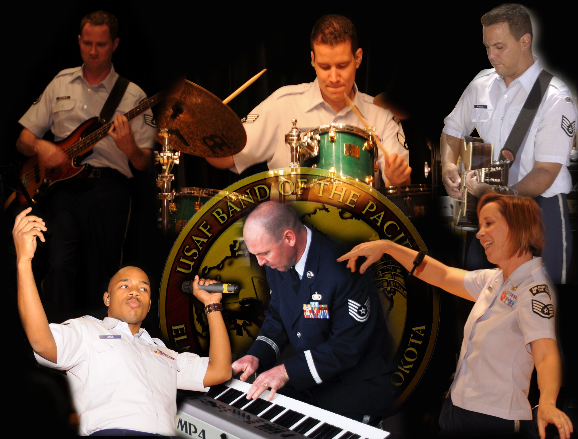 MSgt(s) Gary Rosenak and the other members of Pacific Trends give of their talents in an action collage for a community relations performance in Japan.