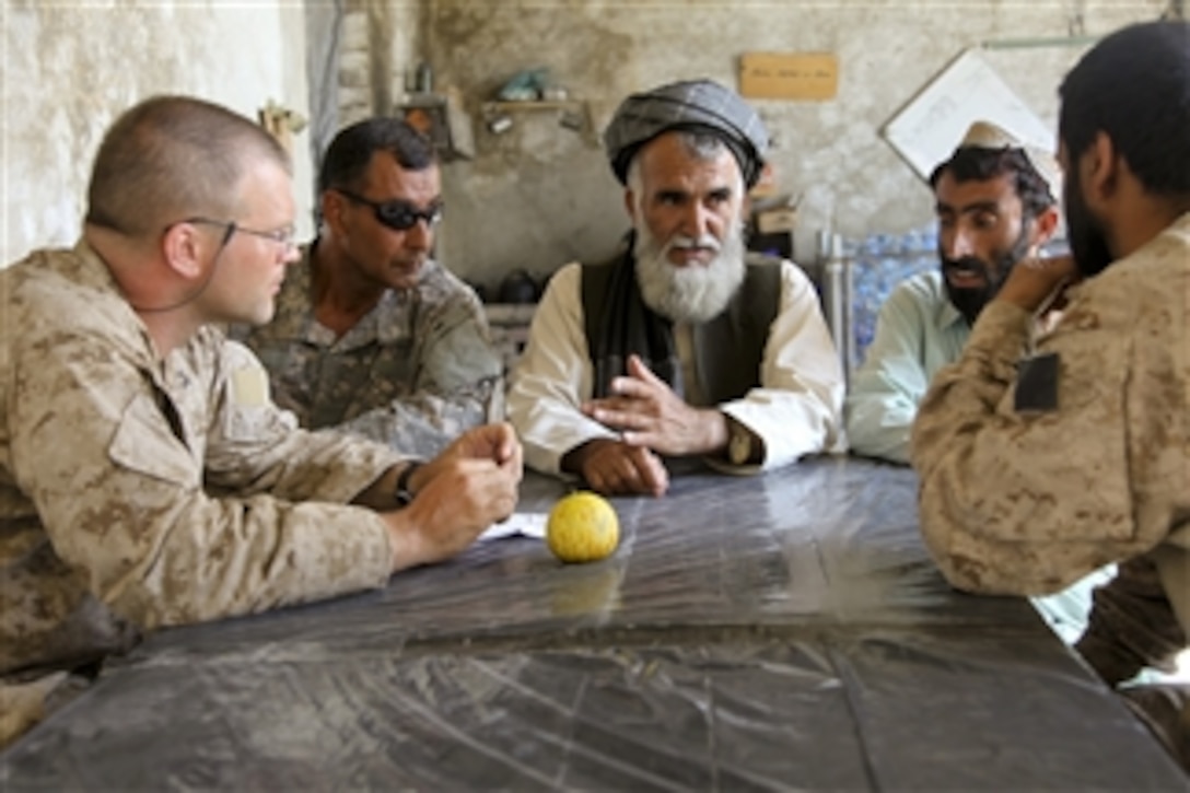 U.S. Marine Corps Capt. Gus Biggio (left) with the civil affairs group from 1st Battalion, 5th Marine Regiment meets with Nawa District Administrator Haji Mohammed Khan at Patrol Base Jaker, Nawa District, Helmand province, Afghanistan, to discuss road improvement projects in the district on July 28, 2009.  U.S. Marines with 1st Battalion, 5th Marine Regiment, Regimental Combat Team 3, 2nd Marine Expeditionary Brigade - Afghanistan are deployed in support of NATO's International Security Assistance Force and will participate in counter insurgency operations and the training and mentoring of Afghan security forces.  