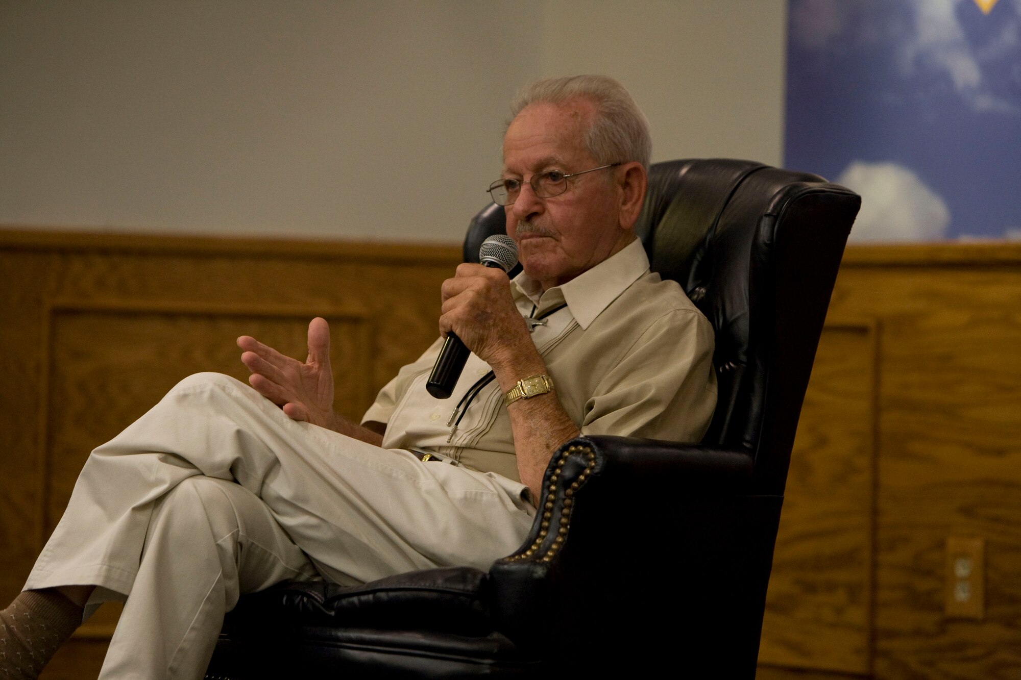 Retired Col. Phil Adair, an original 89th Fighter Squadron pilot, shares his story as a Burma Banshee during World War II at a heritage breakfast July 31. The Banshees' name carried on to the 89th Flying Training Squadron, the last home of the dependable T-37B Tweet, which was officially retire from active service 31. (U.S. Air Force photo/Lt. Col. Ternell Washington) 