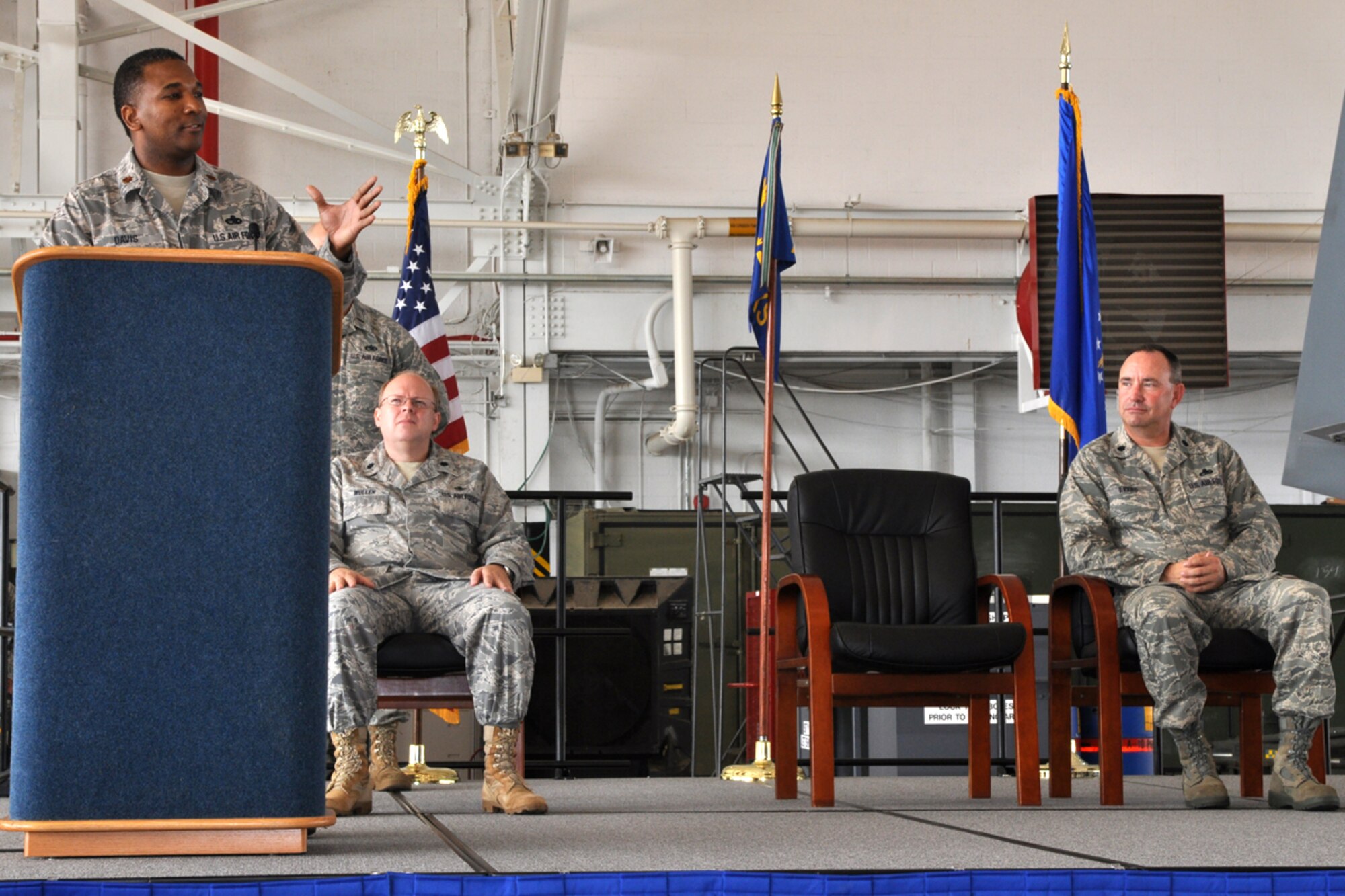 Maj. Michael R. Davis, commander, 717th Aircraft Maintenance Squadron, makes his first speech as commander of the 717th AMXS at the change of command ceremony, Sunday, August 2, 2009, at the A-10 Hangar on Barksdale Air Force Base, La.  Lt. Col. Chris Evers relinquished command of the 717th AMXS, to Maj. Davis during the ceremony, commenting it will be the “hardest job you’ll ever love.”  (U.S. Air Force photo/Tech. Sgt. Jeff Walston)