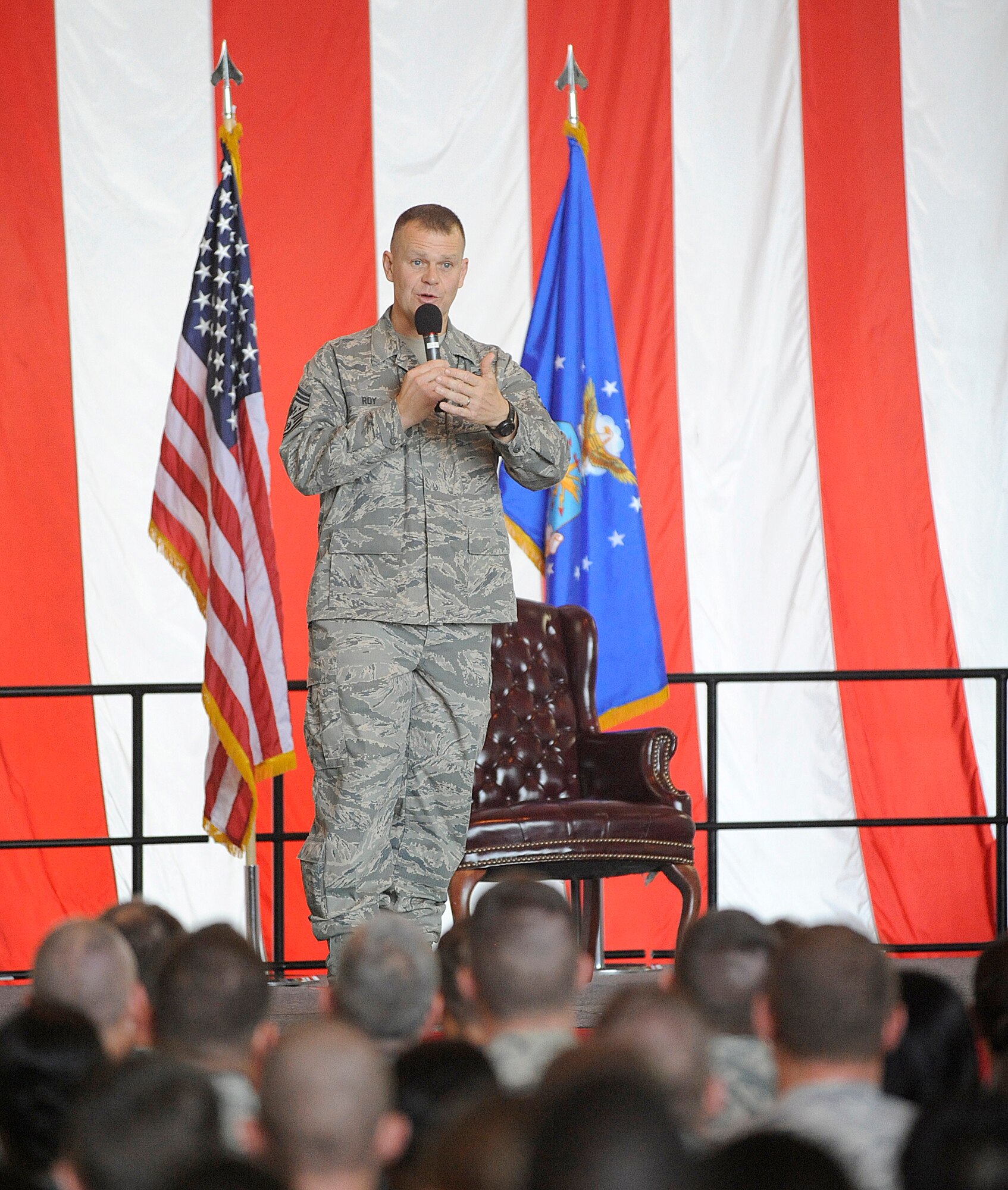 Chief Master Sergeant of the Air Force James Roy speaks to a packed crowd at the Airmens’ Call July 30 during his visit to Joint Base McGuire-Dix-Lakehurst July 28-30. Chief Roy spoke on various topics, including our standards as the “best Air Force in the world,” the Air Force’s most important resource – Airmen, and being a nation at war. He also held a question and answer session. In addition to hosting the Airmens’ Call, Chief Roy visited the U.S. Air Force Expeditionary Center and spent time with JB MDL Airmen. (U.S. Air Force photo/Carlos Cintron)