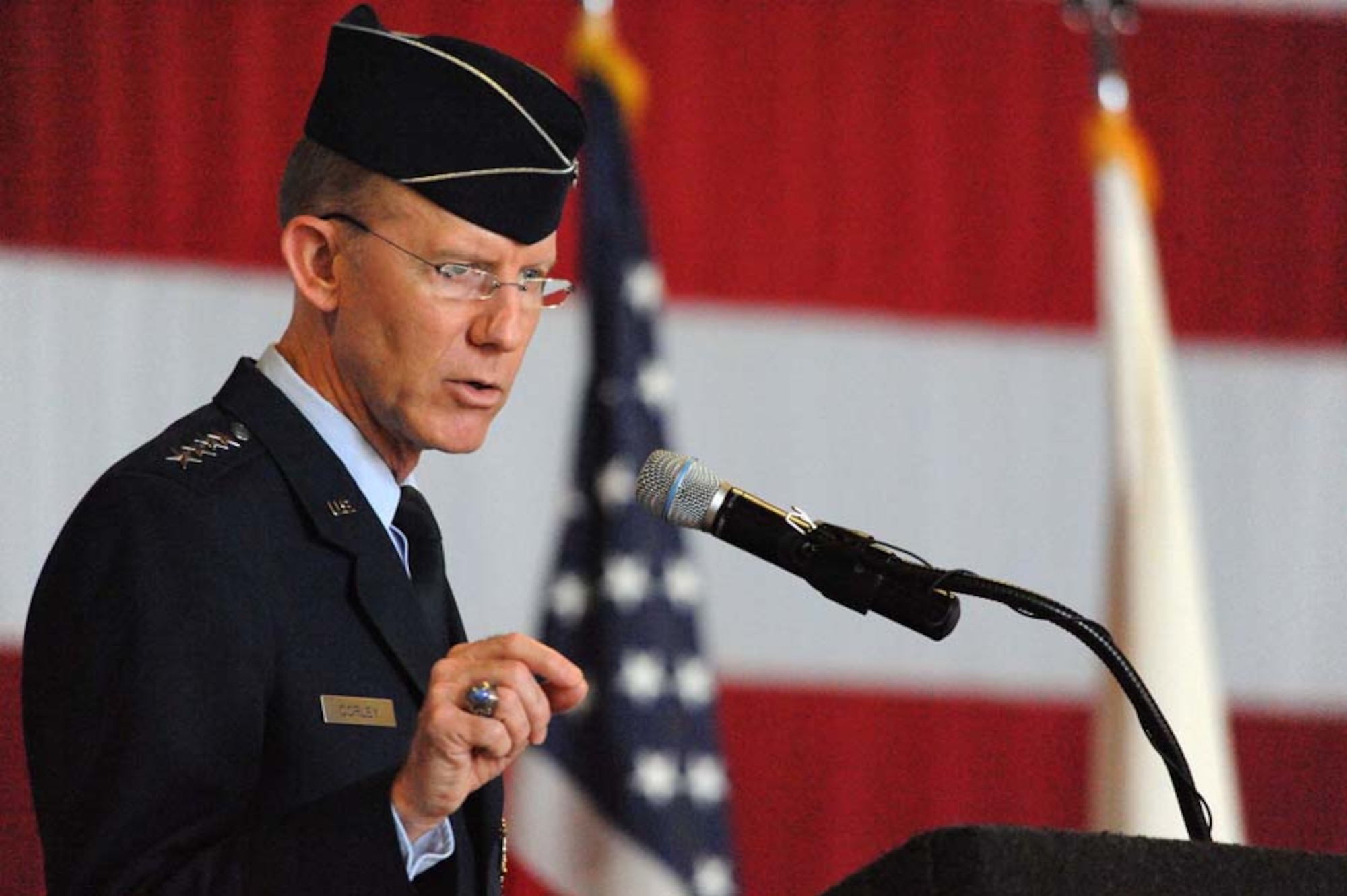 SHAW AIR FORCE BASE, S.C. -- Gen. John Corley, Air Combat Command commander, speaks to the Airmen of 9th Air Force and U.S. Air Forces Central Command during the 9th AF/USAFCENT change-of-command ceremony Aug. 5. Lt. Gen. Gary North relinquished command of 9AF/USAFCENT, which was redesignated as USAFCENT Command, and the Air Force activated a new headquarters 9th AF. (U.S. Air Force photo/Senior Airman Matt Davis)