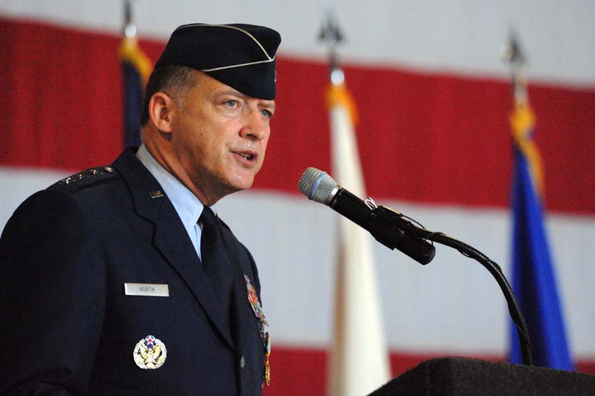 SHAW AIR FORCE BASE, S.C. -- Lt. Gen. Gary North bids farewell as commander to the Airmen of 9th Air Force and U.S. Air Forces Central during a change-of-command ceremony Aug. 5. General North relinquished command of 9th AF/USAFCENT, which has been redesignated USAFCENT Command. The Air Force has activated a new headquarters; 9th AF. (U.S. Air Force photo/Senior Airman Matt Davis)