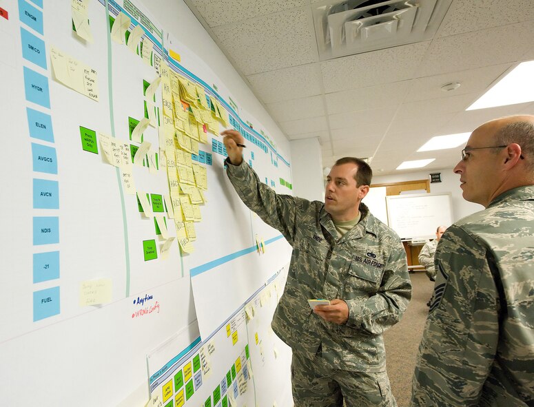 Tech. Sgt. Matthew Ende, 436th Maintenance Squadron, goes over scheduling information during an Air Force Smart Operations for the 21st Century Rapid Improvement Event.  The RIE helped layout a new inspection schedule for the C-5 Galaxy aircraft, saving the Air Force money and keeping aircraft in the air.  (U.S. Air Force photo/Jason Minto)