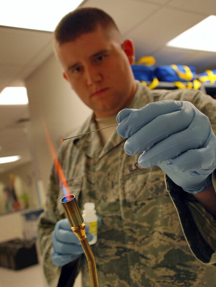 LAUGHLIN AIR FORCE BASE, Texas – Airman 1st Class Tyler Stoltz, a bioenvironmental engineer technician with the 47th Medical Group, completes proficiency training by testing for copper nitrate in an unknown sample here Aug. 4. Airmen from 47th Medical Group’s Bioenvironmental Engineering shop perform a multitude of duties including testing Laughlin’s drinking water to ensure its safety, performing gas mask fit tests and responding to hazardous incidents that might involve chemical, biological, radiological or nuclear substances. (U.S. Air Force photo by Airman 1st Class Sara Csurilla)