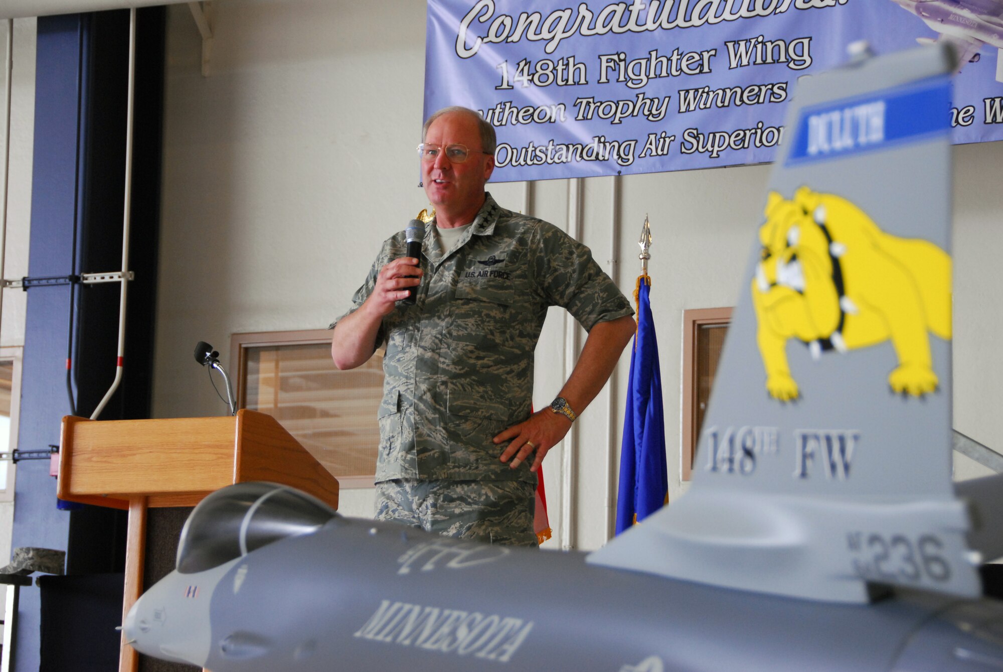 U.S. Air Force General Craig R. McKinley-Chief, National Guard Bureau, speaks to members of the 148th Fighter Wing during a celebration for receiving the Raytheon Trophy July 31, 2009 in Duluth, Minn.  The Raytheon Trophy was awarded to the 179th Fighter Squadron of the 148th Fighter Wing as the most outstanding air defense unit in the U.S. Air Force, marking only the fourth time an Air National Guard unit received this award since its inception in 1953.  (U.S. Air Force photo by Tech. Sgt. Brett R. Ewald)