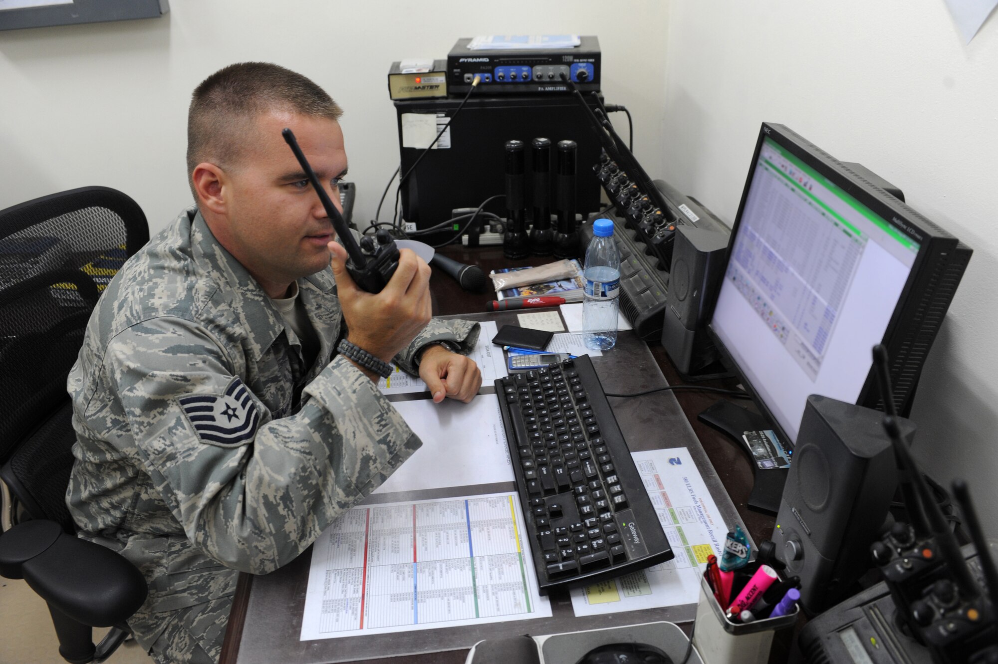 SOUTHWEST ASIA – Tech. Sgt. Michael Ostrander, 380th Expeditionary Logistics Readiness Squadron, dispatches fuel trucks to KC-10 aircraft Aug 3. Sergeant Ostrander is a fuels information service center section chief from Fairchild Air Force base, Wash., and hails from Kingston, N.Y. (U.S. Air Force photo Tech. Sgt. Charles Larkin Sr.)