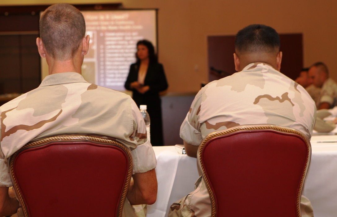 Camp Pendleton Public Works officials listen as members from the San Diego County Water Authority present current water conservation statistics at the Staff Noncommissioned Officers’ Club, Aug. 5.
