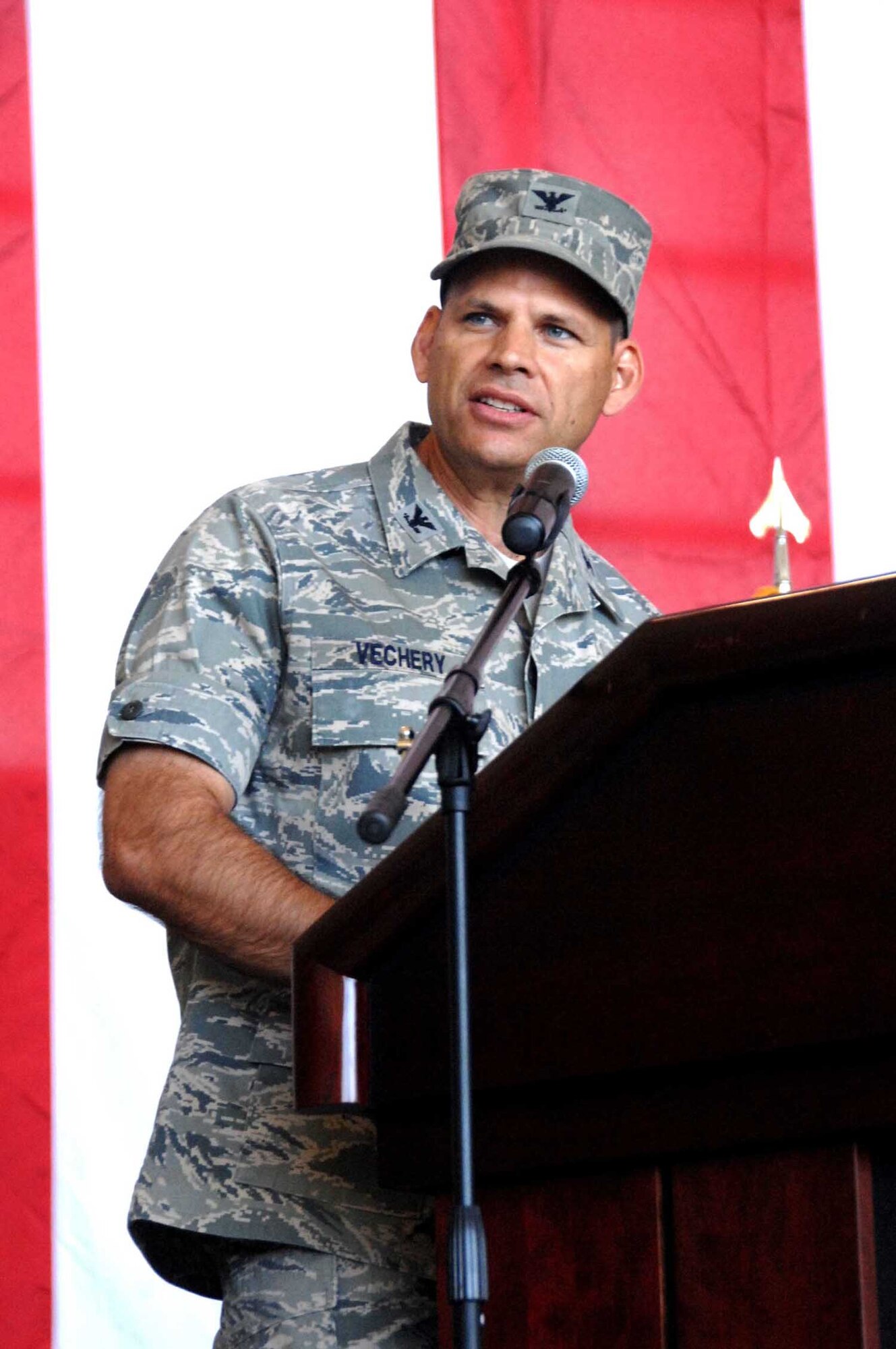 Col. James Vechery, 60th Air Mobility Wing commander, speaks during the 60th AMW change-of-command ceremony July 17. (U.S. Air Force photo/Amanda Lopez)