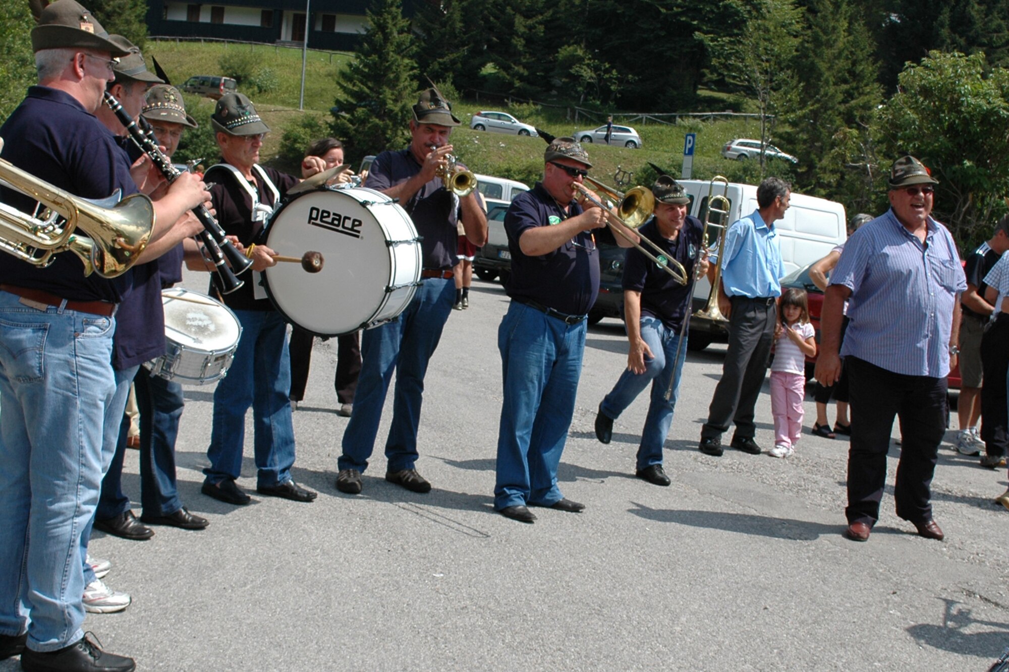 Veteran Alpini members performed a variety of musical numbers including a couple American ones in honor of the 31st Fighter Wing's involvement in the annual celebration honoring veteran Alpini members at Piancavallo, Italy, Aug. 2, 2009. (U.S. Air Force photo/Tech. Sgt. Michael O'Connor)