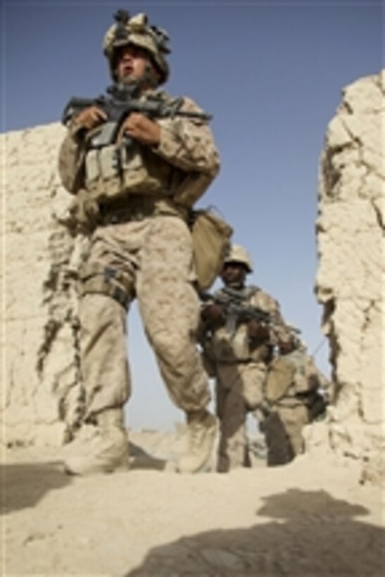U.S. Marines with Alpha Company, 1st Battalion, 5th Marine Regiment leave their forward operating base to conduct a census patrol in the Nawa district of Helmand province, Afghanistan, on July 30, 2009.  Marines with 1st Battalion, 5th Marine Regiment, Regimental Combat Team 3, 2nd Marine Expeditionary Brigade-Afghanistan are deployed to support NATO's International Security Assistance Force and will participate in counter insurgency operations.  They will train and mentor Afghan National Security Forces to improve security and stability in the country.  