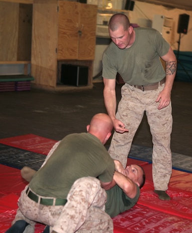 090806-M-7097L-003:  Sgt. Justin D. Toren, a driver and operator for the 2nd Marine Logistics Group (Forward) commanding general’s personal security detail, explains a Marine Corps Martial Arts Program grey belt move to Col. Vincent A. Coglianese aboard Camp Al Taqaddum, Iraq, Aug. 6, 2009.  Toren, who was deployed to Iraq during the invasion, joined the Marine Corps following the Sept. 11 terrorist attacks.  (U.S. Marine Corps photograph by Lance Cpl. Melissa A. Latty)