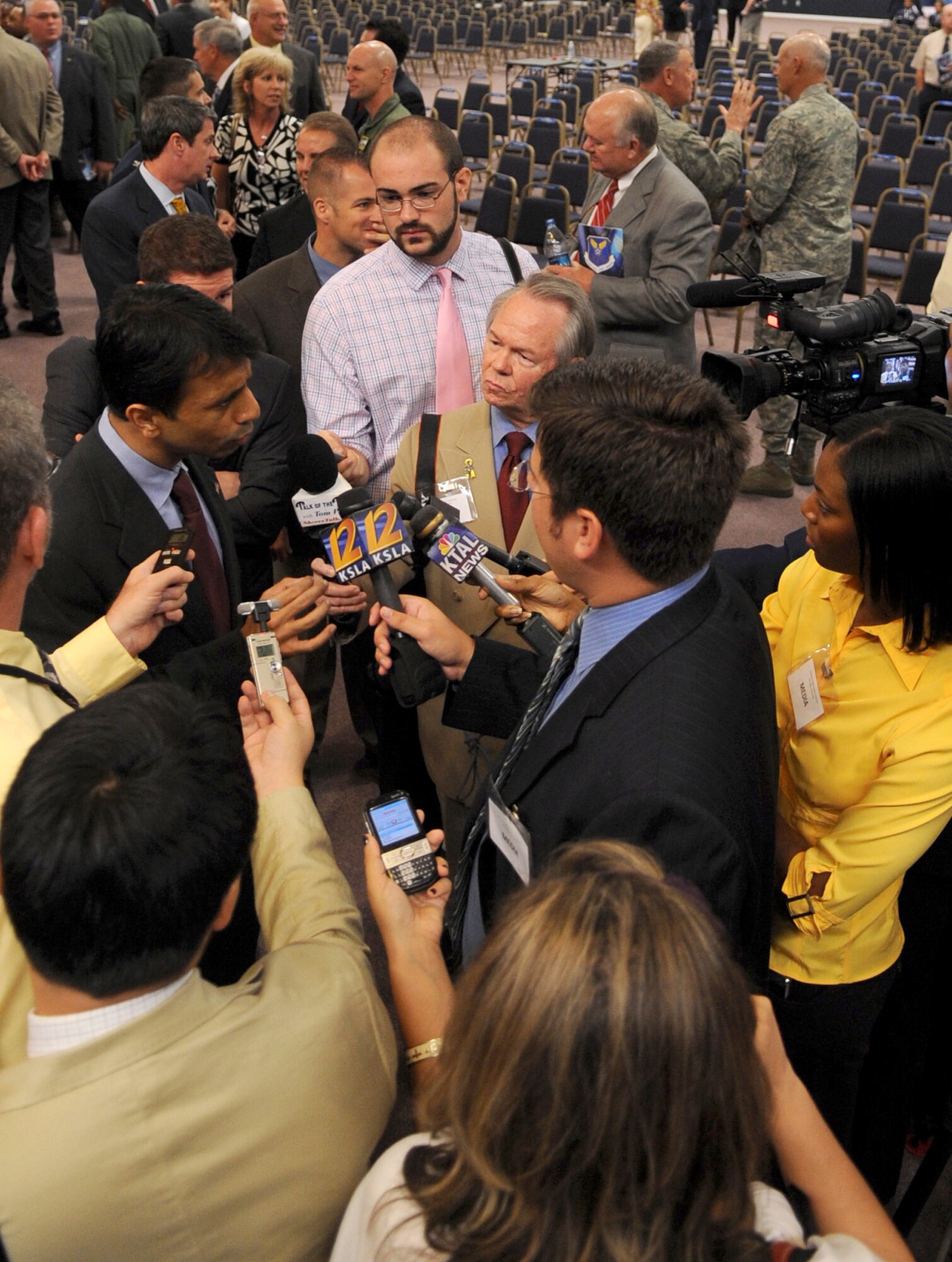Media representatives interview Louisiana Governor Bobby Jindal, following the Air Force Global Strike Command activation ceremony Aug. 7 at Barksdale Air Force Base, La. The new command will bring an estimated $1.6 million annually to the Shreveport-Bossier City, La., area. (U.S. Air Force photo/Airman 1st Class Brittany Y. Bateman)