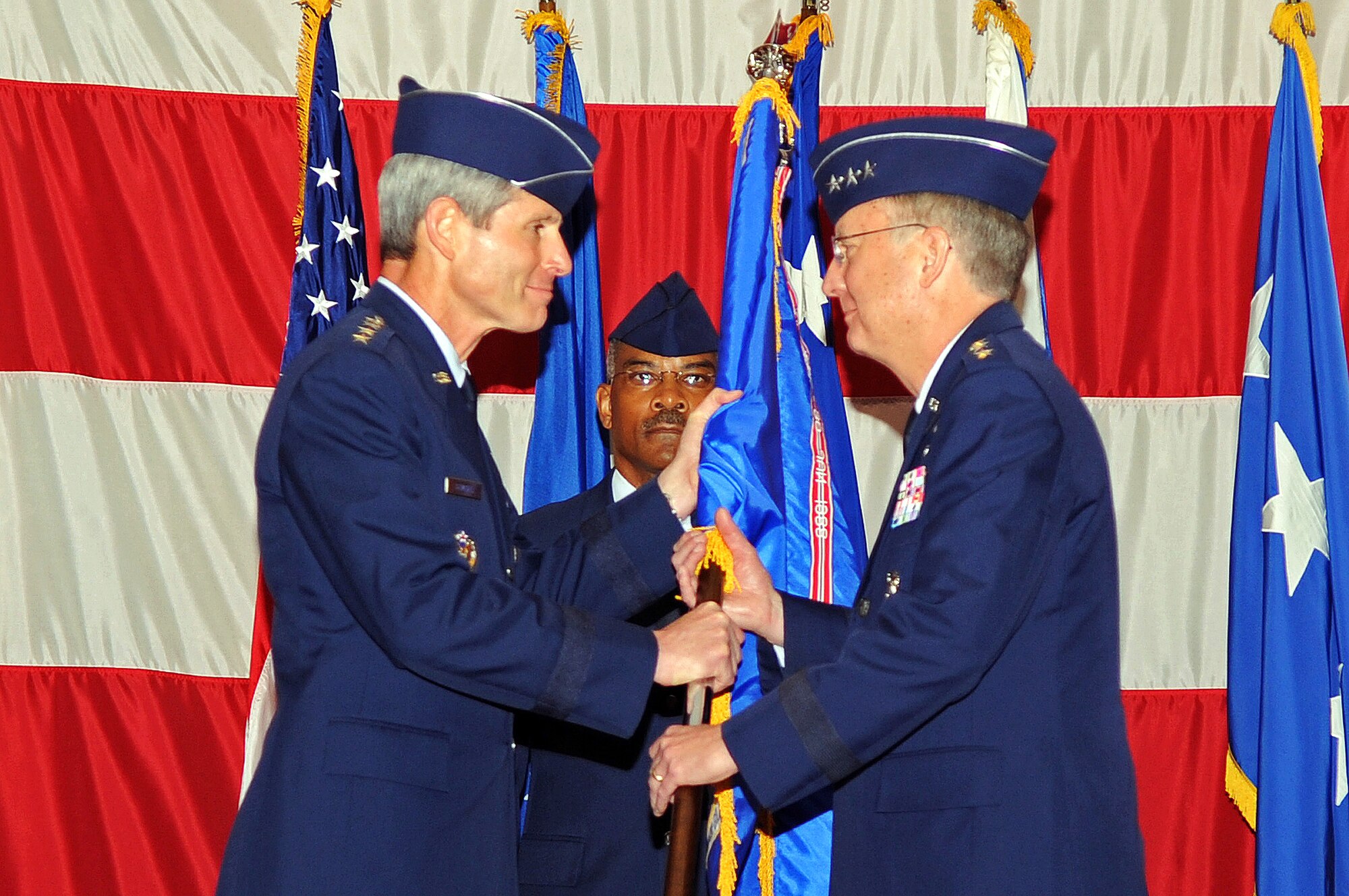 Air Force Chief of Staff Gen. Norton Schwartz passes the Air Force Global Strike Command guidon to Lt. Gen. Frank G. Klotz, commander, during the activation ceremony of the major command Aug. 7 at Barksdale Air Force Base, La. The AFGSC will provide combat ready forces to conduct strategic nuclear deterrence and global strike operations in support of combatant commanders. 
(U.S. Air Force photo/Senior Airman Alexandra M. Longfellow)