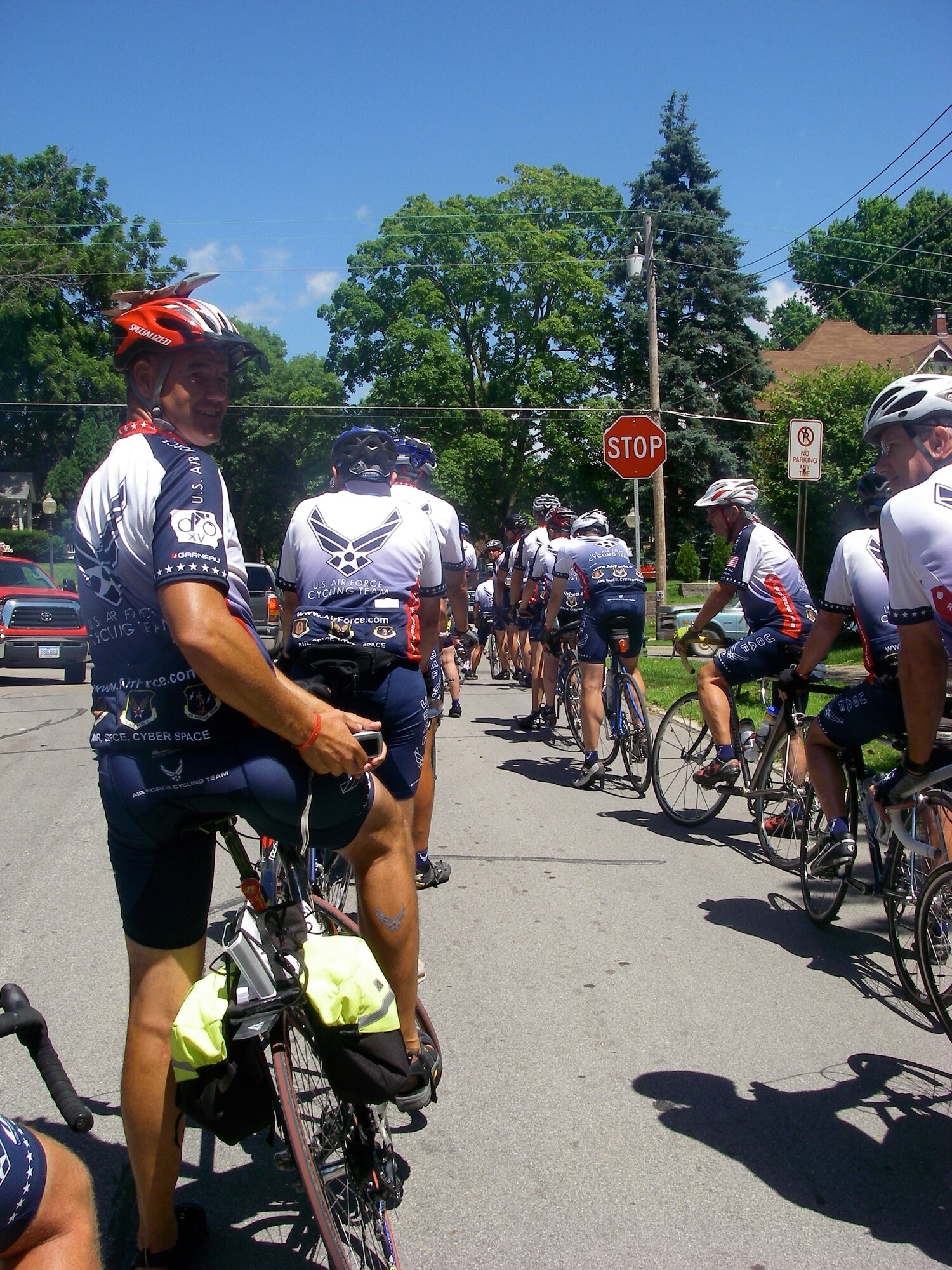 LAUGHLIN AIR FORCE BASE, Texas—Lt. Col. Jon Counsell, 47th Flying Training Wing plans and programs chief, lines up with other members of the Air Force Cycling Team for the Register’s Annual Great Bike Ride Across Iowa July 19 through 25.  RAGBRAI attracts more than 15,000 cyclists from across the country who pedal from Iowa’s western border to the eastern one. The AFCT participates in RAGBRAI every year as a community outreach and recruiting event for the Air Force.  (Courtesy photo)  