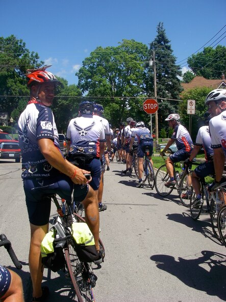 LAUGHLIN AIR FORCE BASE, Texas—Lt. Col. Jon Counsell, 47th Flying Training Wing plans and programs chief, lines up with other members of the Air Force Cycling Team for the Register’s Annual Great Bike Ride Across Iowa July 19 through 25.  RAGBRAI attracts more than 15,000 cyclists from across the country who pedal from Iowa’s western border to the eastern one. The AFCT participates in RAGBRAI every year as a community outreach and recruiting event for the Air Force.  (Courtesy photo)  