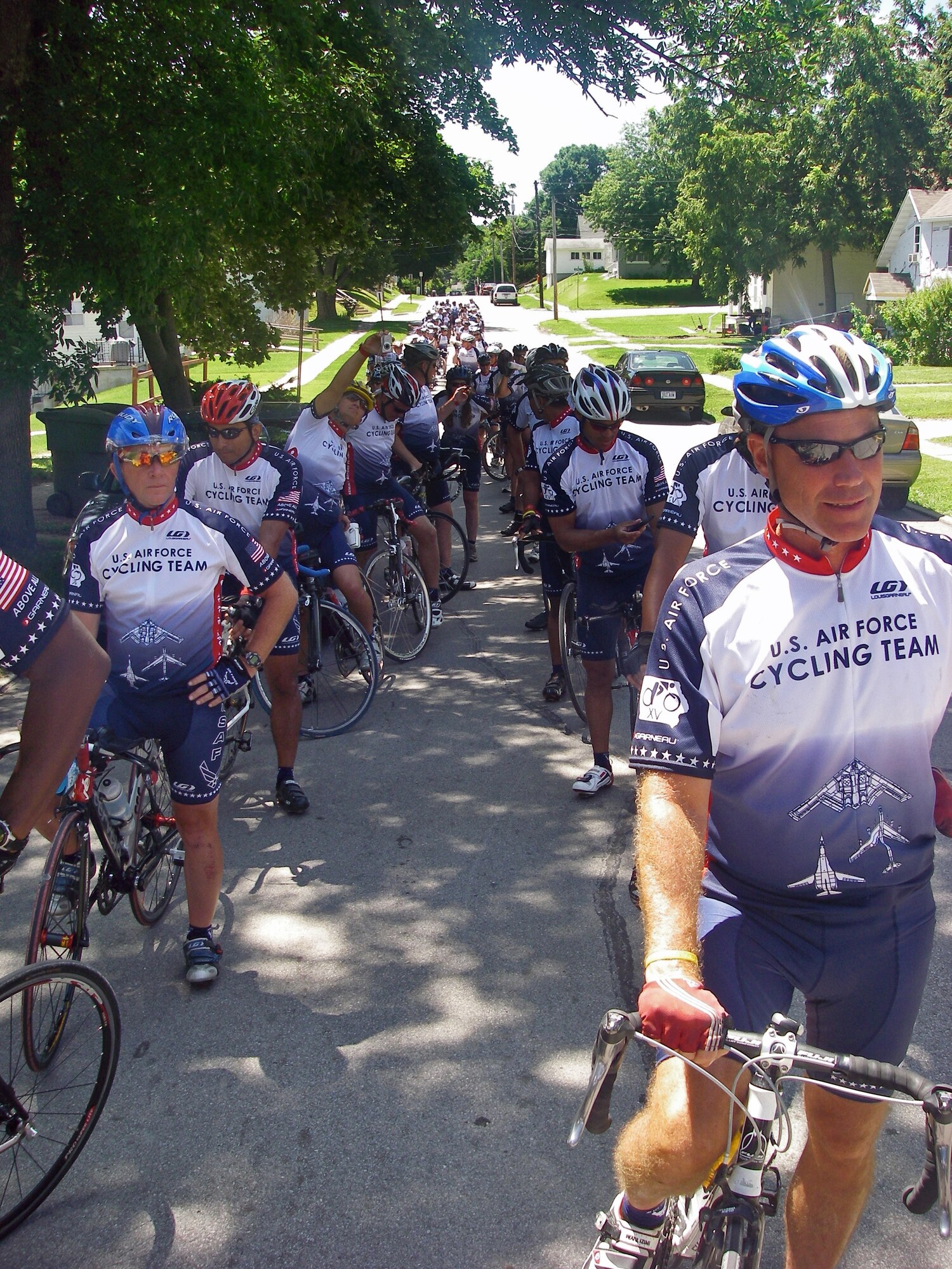 LAUGHLIN AIR FORCE BASE, Texas—Members of the Air Force Cycling Team line up for the Register’s Annual Great Bike Ride Across Iowa July 19 through 25.  RAGBRAI attracts more than 15,000 cyclists from across the country who pedal from Iowa’s western border to the eastern one. The AFCT participates in RAGBRAI every year as a community outreach and recruiting event for the Air Force.  (Courtesy photo)  