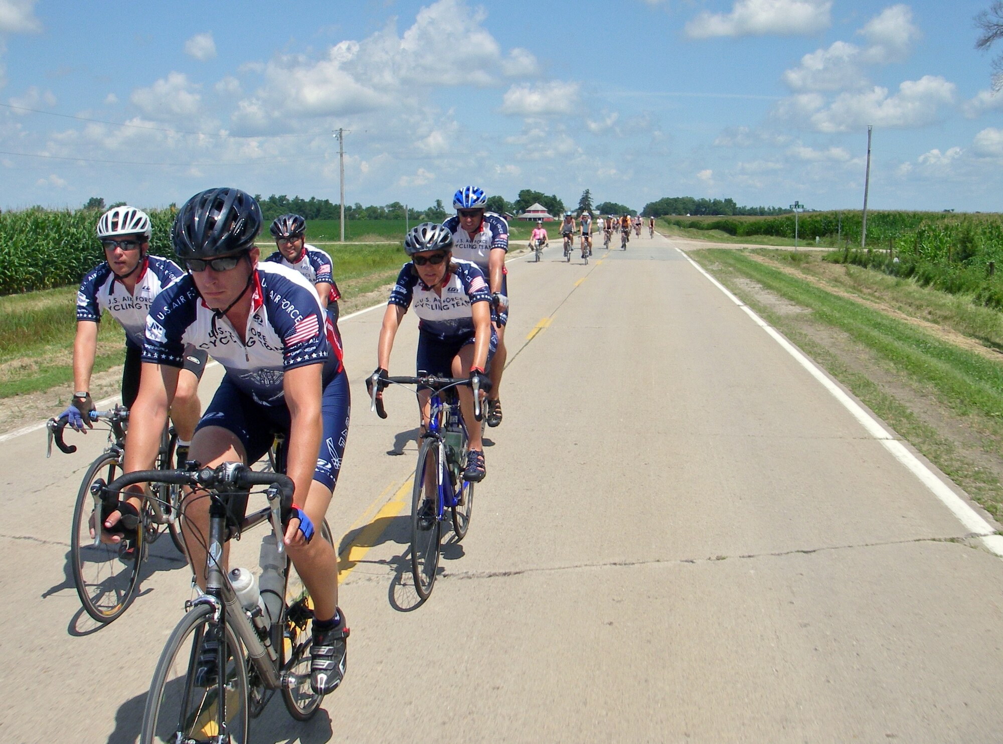 LAUGHLIN AIR FORCE BASE, Texas—Members of the Air Force Cycling Team bike a portion of the 500-mile Register’s Annual Great Bike Ride Across Iowa July 19 through 25.  RAGBRAI attracts more than 15,000 cyclists from across the country who pedal from Iowa’s western border to the eastern one. The AFCT participates in RAGBRAI every year as a community outreach and recruiting event for the Air Force.  (Courtesy photo)  