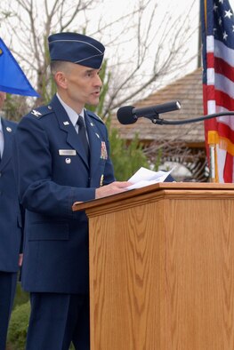 Col. John Patricola, 341st Mission Support Group commander, speaks during his assumption of command July 1 at the Medal of Honor Park. (U.S. Air Force photo/Beau Wade) 