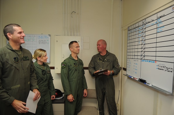 Lt. Col. Mark Snowden (right), 525th Expeditionary Fighter Squadron assistant director of operations, gives a pre-flight briefing to (left to right) Maj. Clay Johnson, 302nd Fighter Squadron chief of training; Capt. Elizabeth Friebel, 525th EFS chief of training; and Col. Hubie Hegtvedt, 302nd Fighter Squadron commander, at Andersen Air Force Base, Guam, Aug. 7.  The pilots are deployed here to support U.S. Pacific Command’s Theater Security Package mission in the Asia-Pacific region.  (U.S. Air Force photo/Senior Airman Christopher Bush)