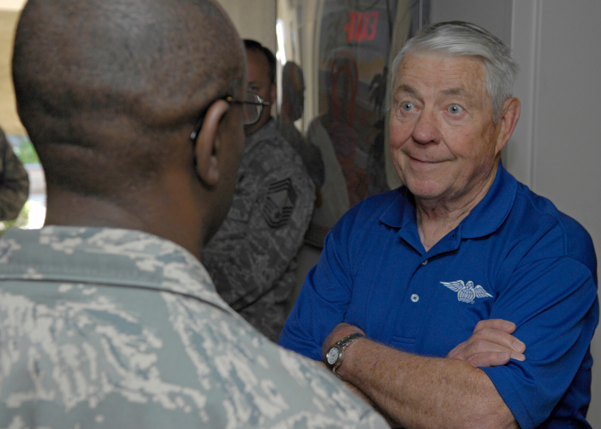 VANDENBERG AIR FORCE BASE, Calif. --  During a visit to the base, retired Chief Master Sgt. of the Air Force Robert Gaylor converses with Chaplain (1st Lt.) Sean Ballard in G.I. Java about the G.I. Java program and dorm life for the Airmen here Aug. 6. Chief Gaylor joined the Air Force in 1948, became the chief master sergeant of the Air Force in 1977 and retired in 1979.  (U.S. Air Force photo/Airman 1st Class Andrew Lee)  