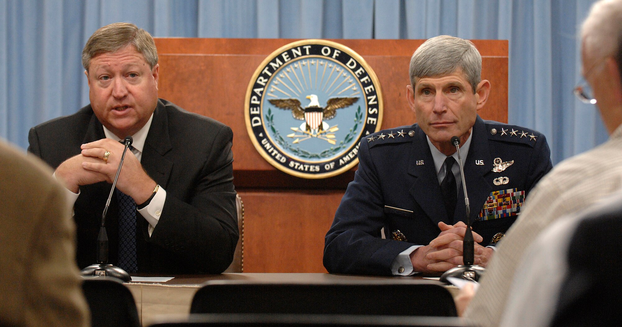 Air Force Secretary Michael Donley, left, and Gen. Norton Schwartz, Air Force Chief of Staff, answer questions at an Aug. 5 Pentagon news conference on the Air Force Global Strike Command activation. The new command, with headquarters at Barksdale Air Force Base, La., stands up Aug. 7. (U.S. Air Force photo by Scott Ash)
